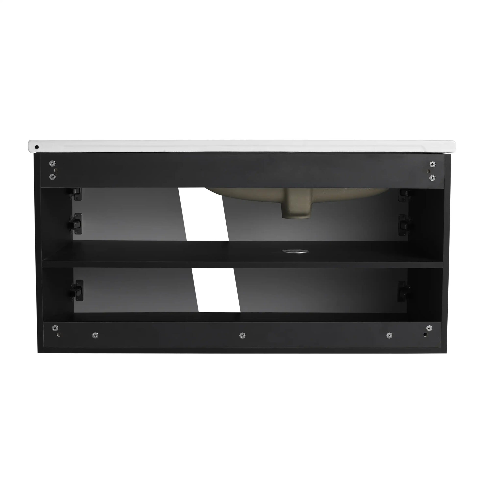 40" wall mounted vanity unit back interior view with storage shelf | Ace Decor