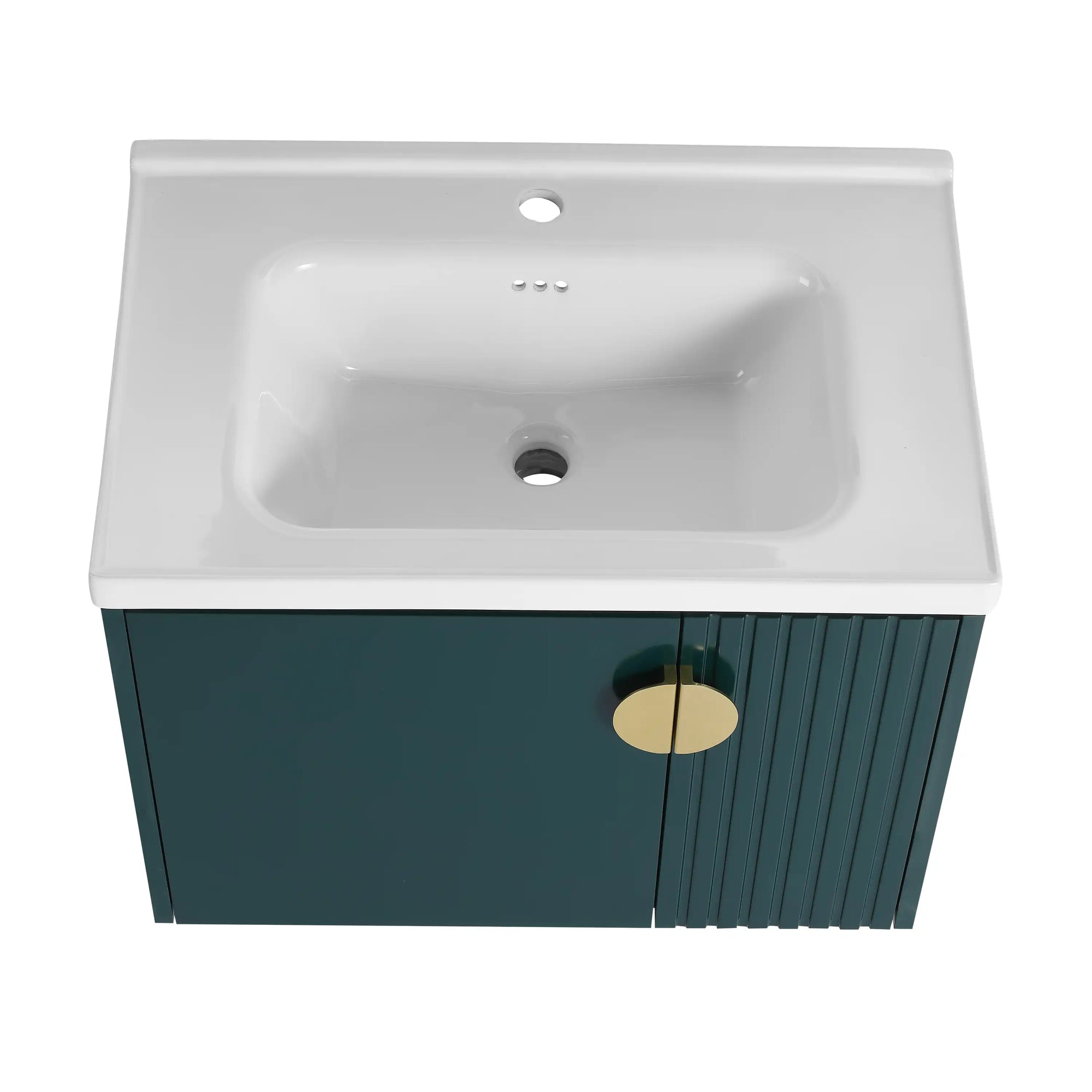 28 inch floating vanity small bathroom with integrated sink and green fluted cabinet design | Ace Decor