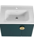 28 inch floating vanity small bathroom with integrated sink and green fluted cabinet design | Ace Decor