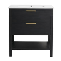 30" black vanity bathroom front view showing solid wood legs and open bottom shelf | Ace Decor