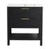 30" black vanity bathroom front view showing solid wood legs and open bottom shelf | Ace Decor