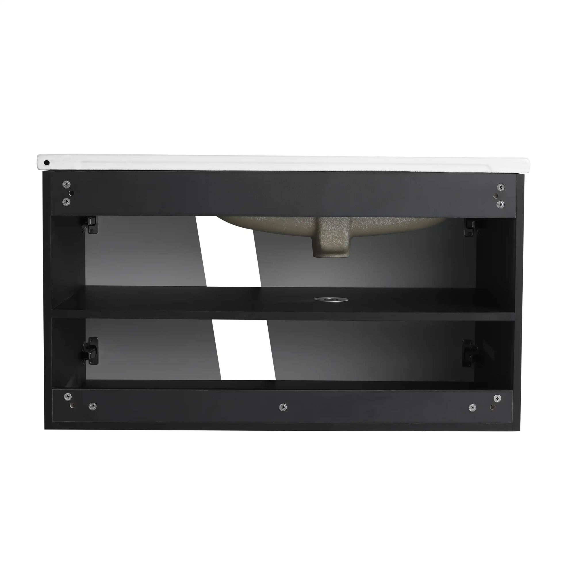 36" wall mounted vanity with sink back interior view with storage shelf | Ace Decor