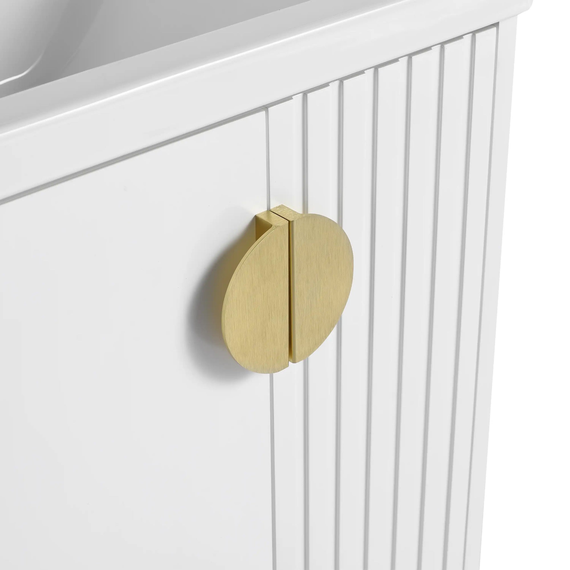 Brushed brass handle detail on floating bathroom vanity 24 inch | Ace Decor