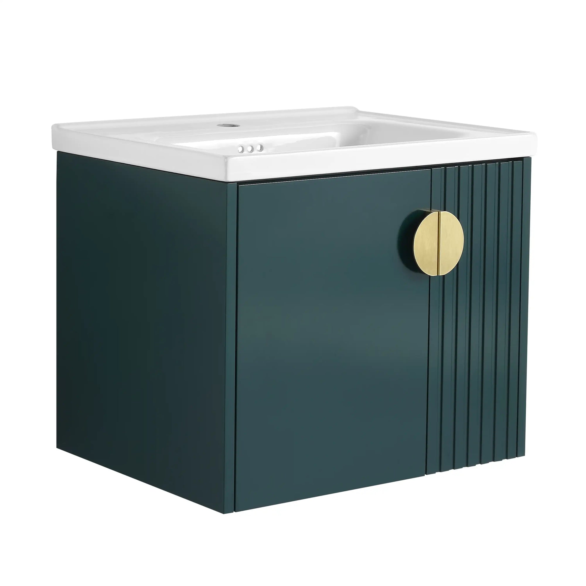 24 inch green bathroom vanity with sink, fluted cabinet design and integrated ceramic top | Ace Decor
