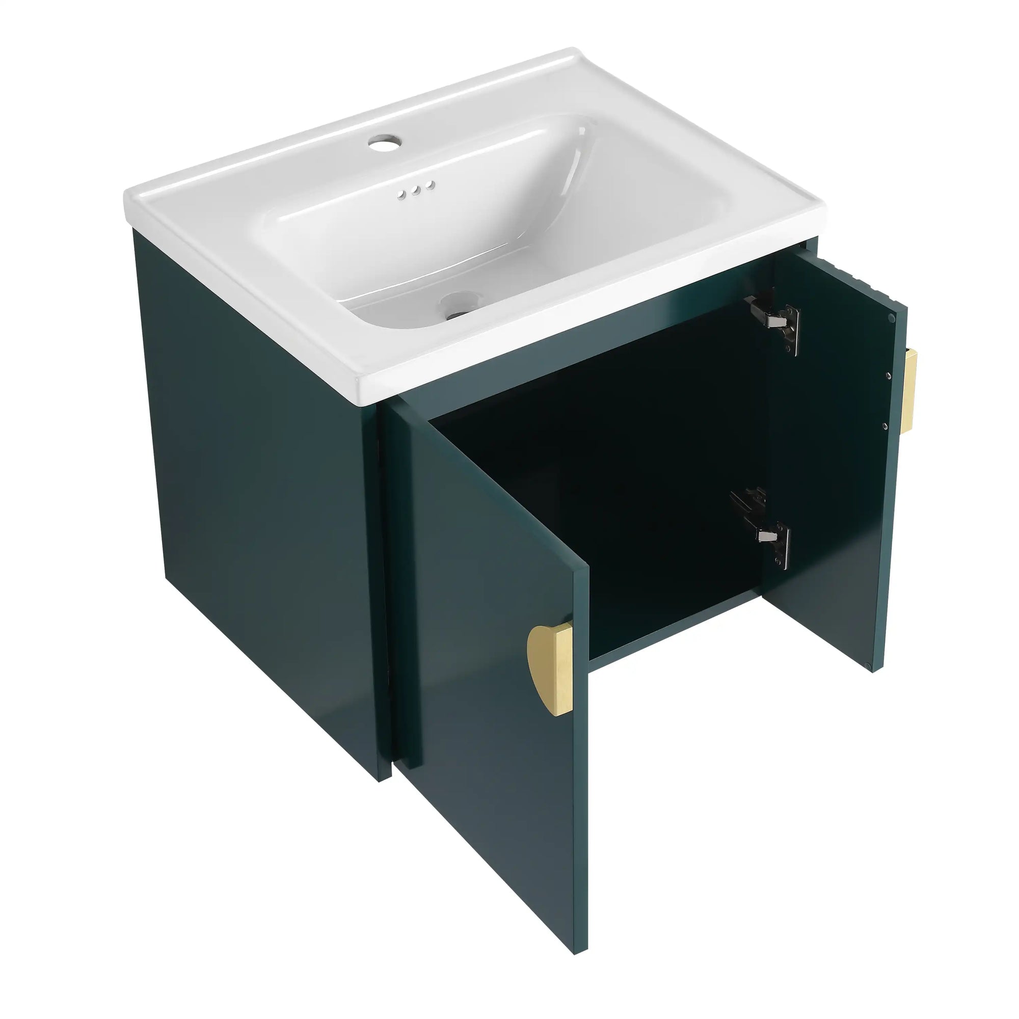 24 inch green bathroom vanity with sink, open cabinet view highlighting compact storage | Ace Decor