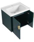 24 inch green bathroom vanity with sink, open cabinet view highlighting compact storage | Ace Decor