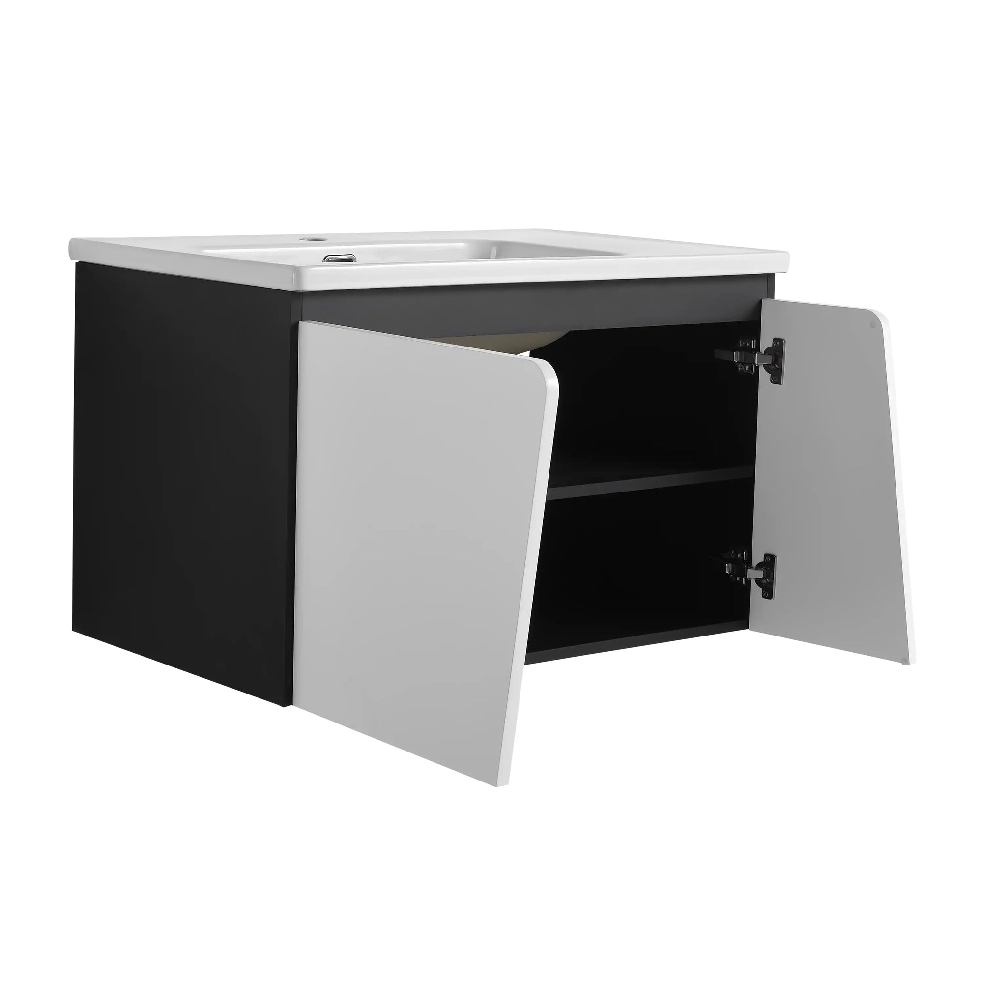 32" wide bathroom vanity with sink and open soft-close cabinet doors, angled front view | Ace Decor