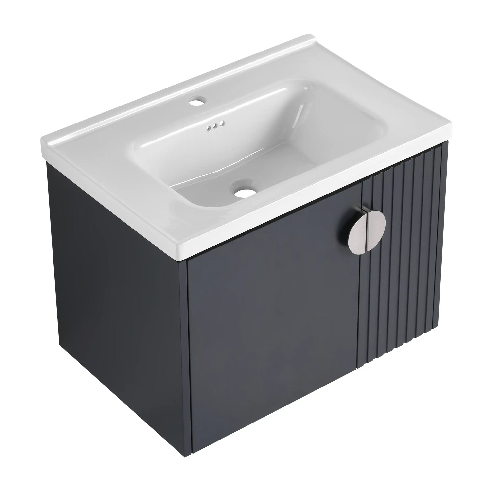28 inch floating bathroom sink vanity with integrated ceramic sink, black fluted cabinet | Ace Decor