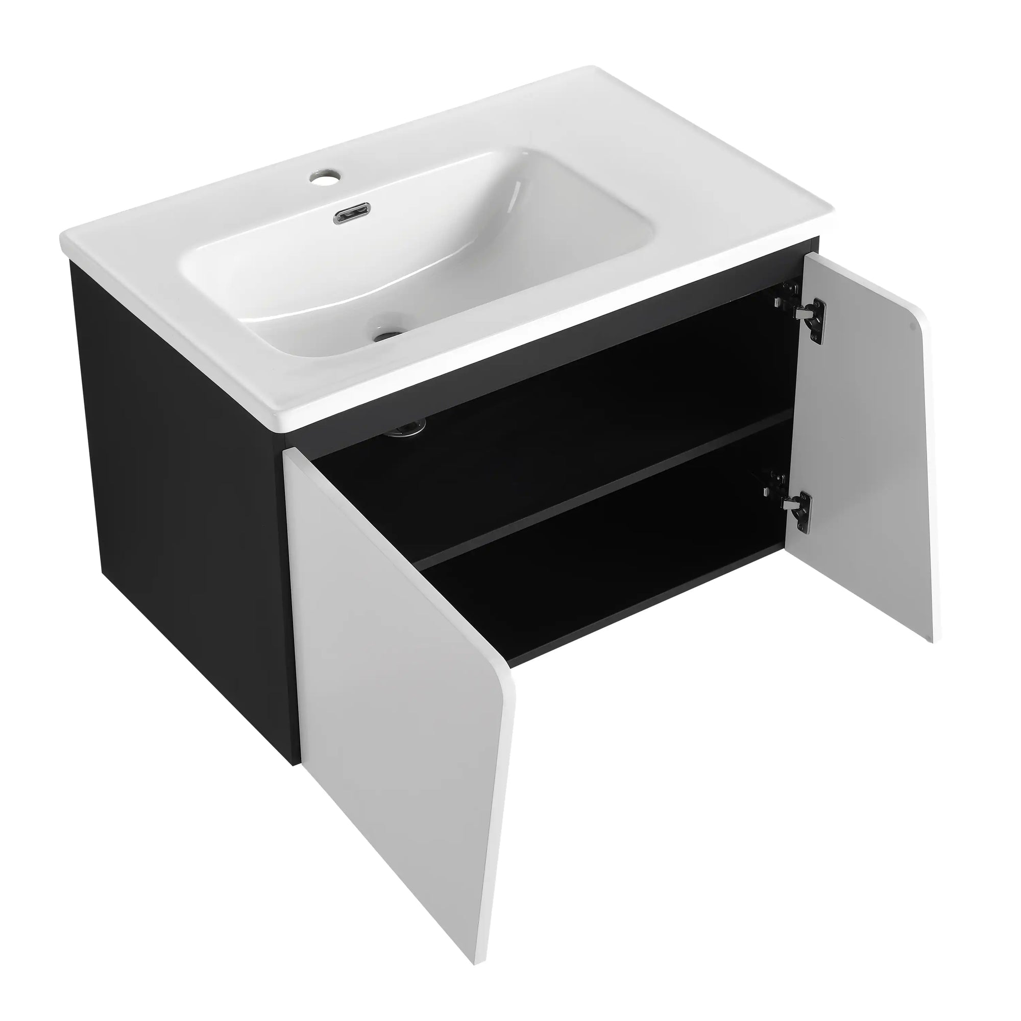 32" wide bathroom vanity with sink and open storage, angled view | Ace Decor