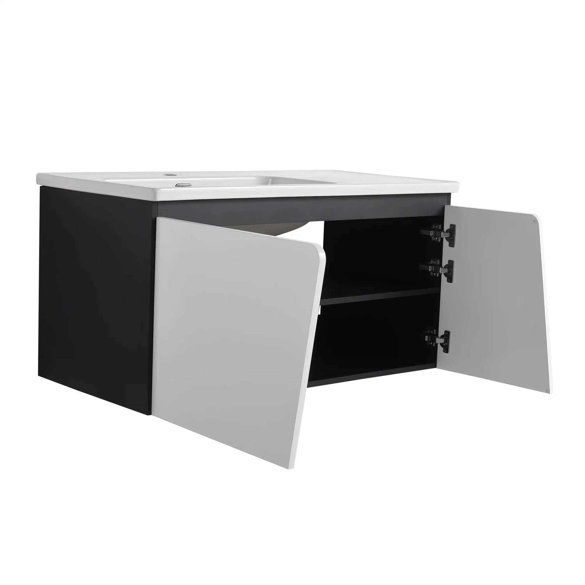 40" wall mounted vanity unit with sink and open cabinet storage, angled view | Ace Decor
