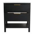 30" black vanity bathroom front view with two drawers and open bottom shelf | Ace Decor