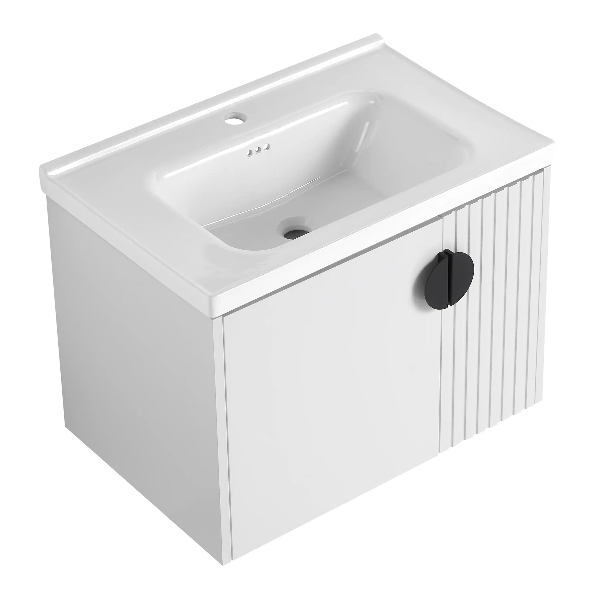 Single floating vanity 28 inch with fluted front and integrated ceramic sink, white finish | Ace Decor
