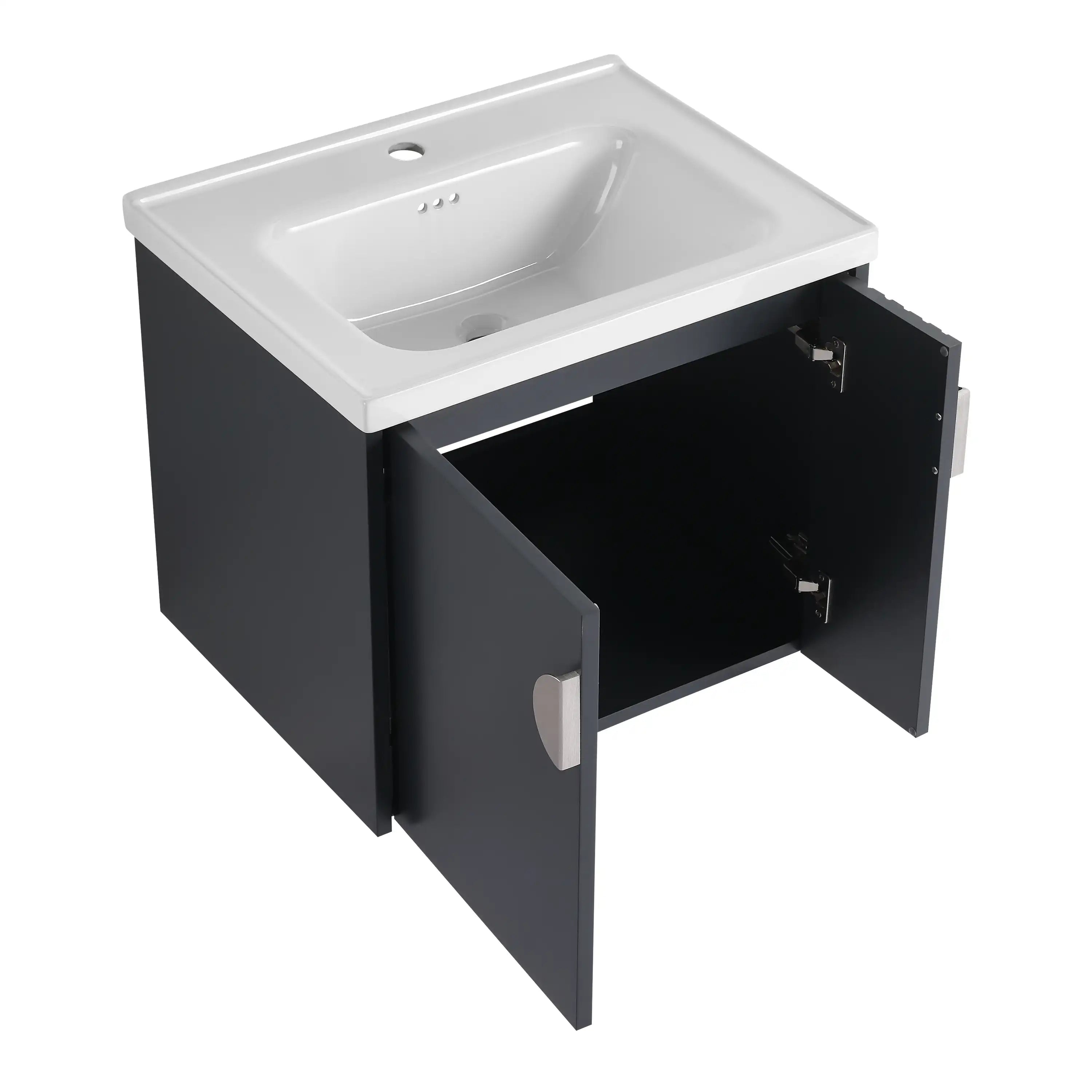 24 inch bathroom black vanity with open cabinet storage and soft-close doors.