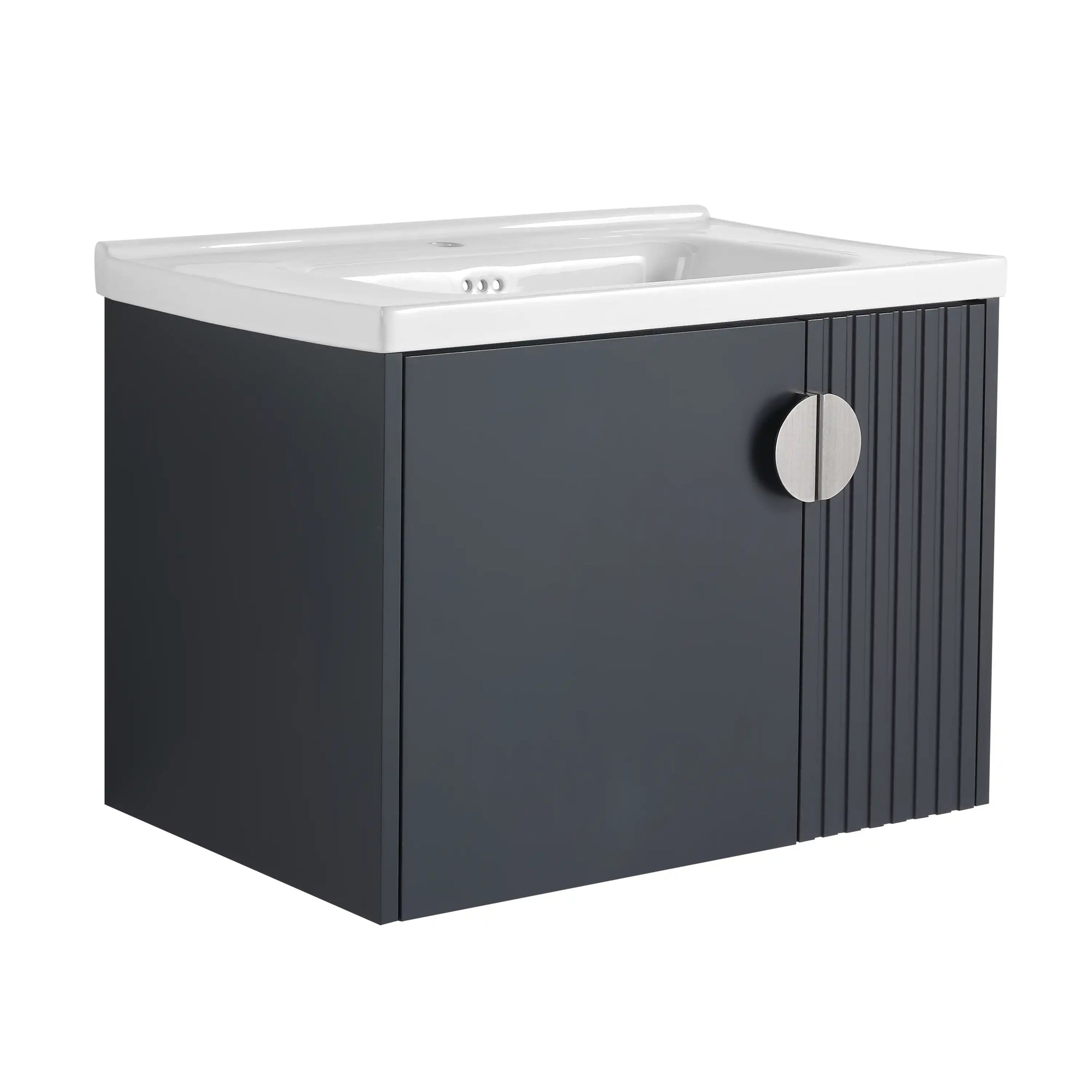 28 inch floating bathroom sink vanity in black with fluted door and round metal handle | Ace Decor