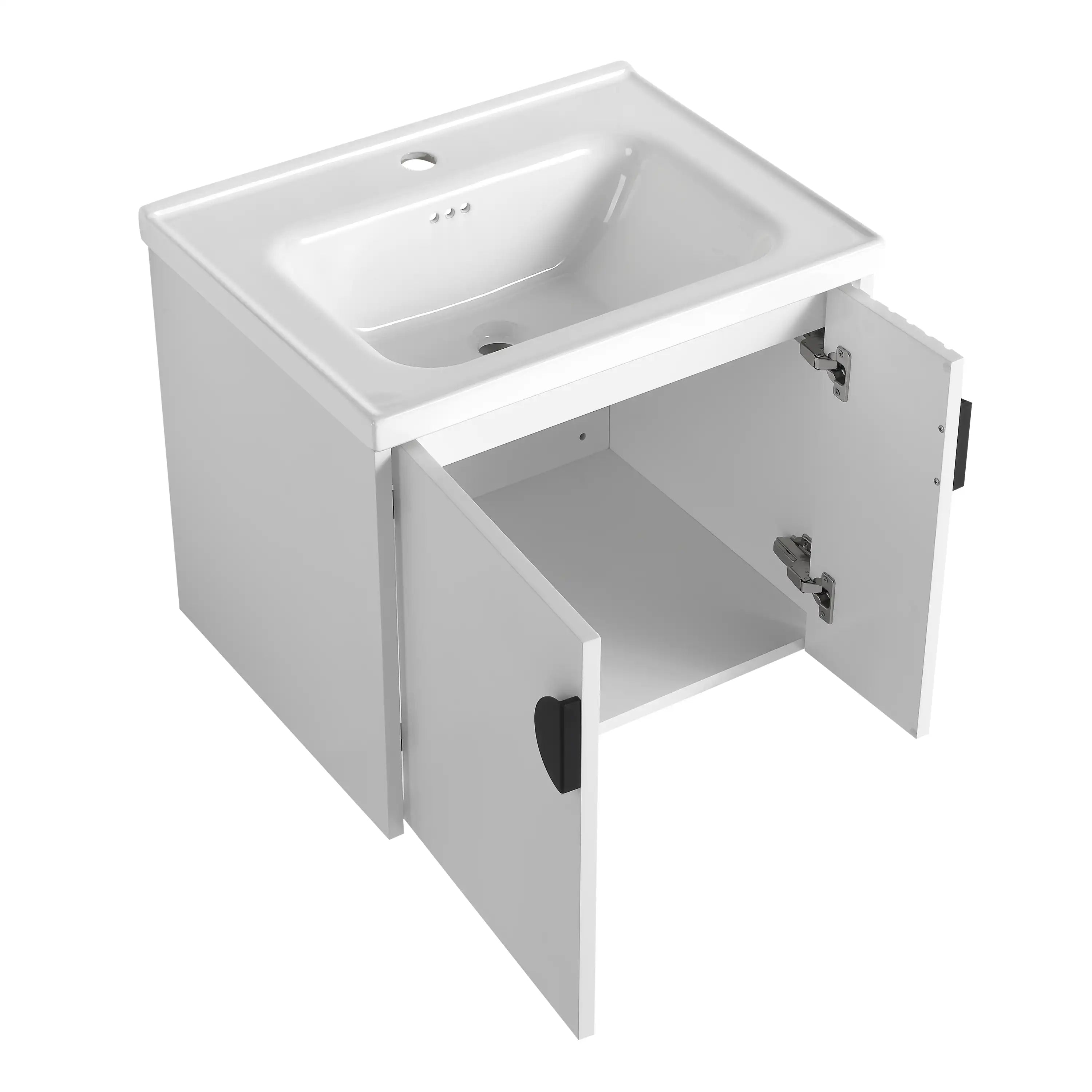 Open cabinet storage of Civetta-Fluted Series white floating bathroom vanity 24 inch.