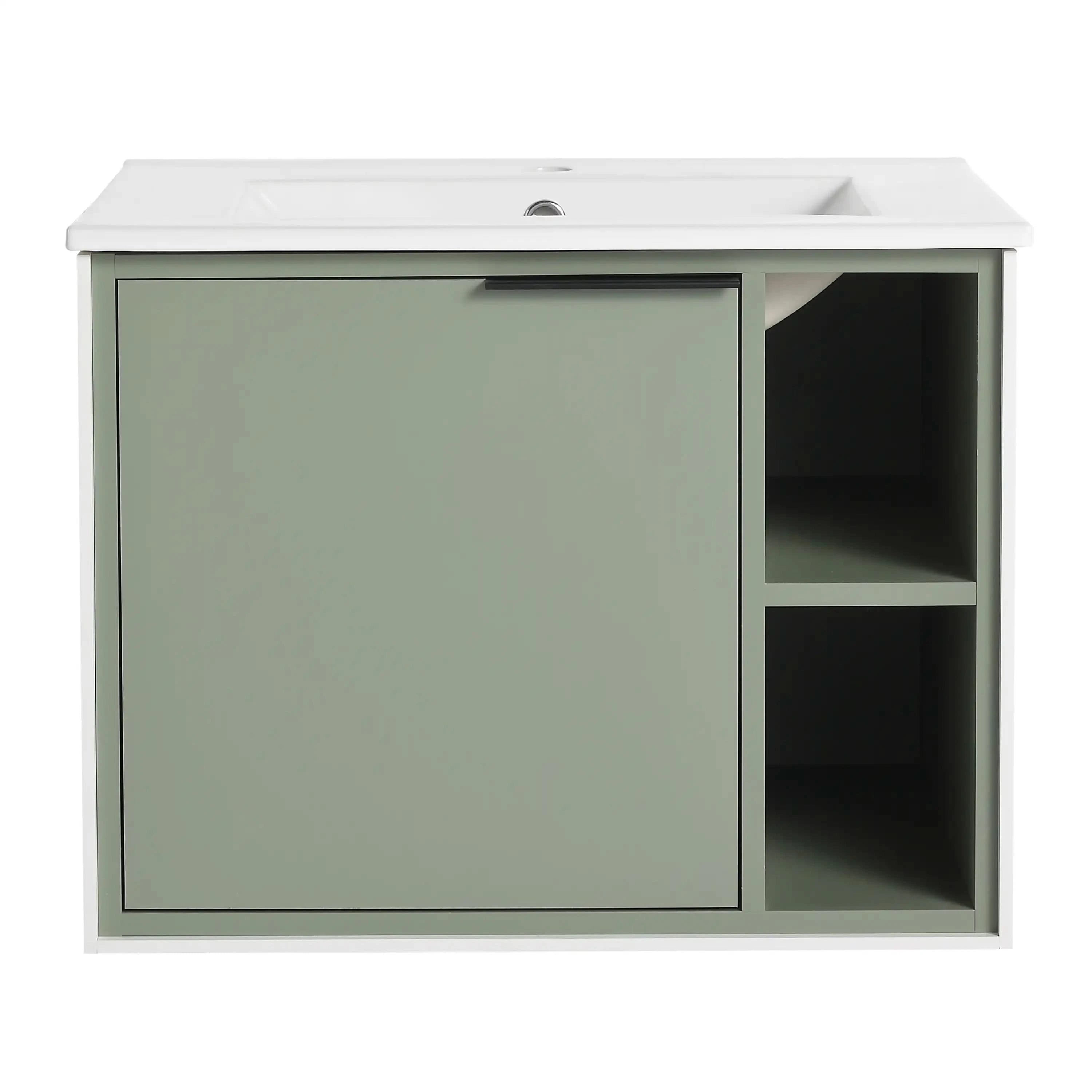 24 to 30 Inch Wood Bathroom Vanity with Integrated Sink, Wall-Mount, Open Storage Shelves