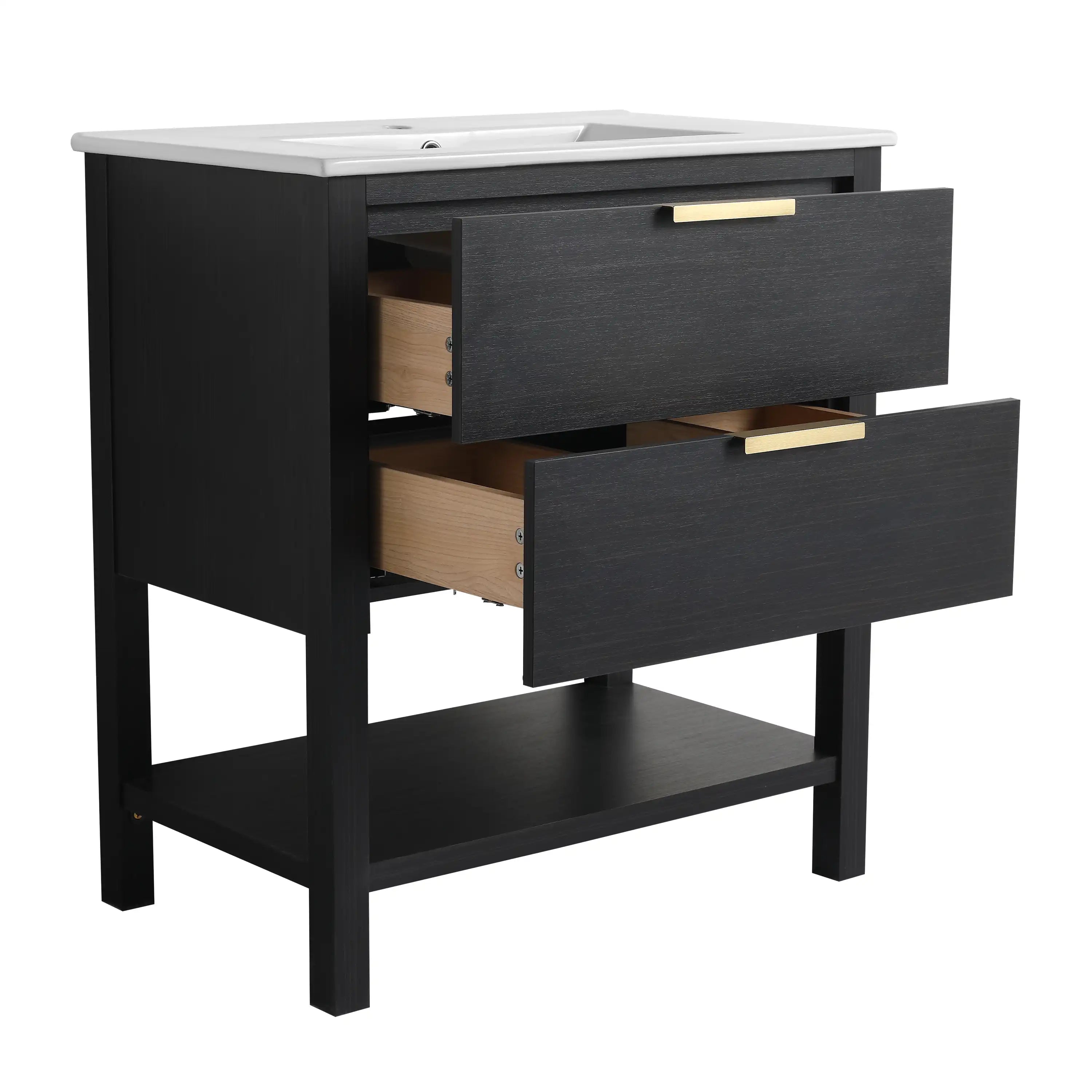 30" black vanity bathroom with two smooth-glide drawers and open bottom shelf.