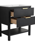 30" black vanity bathroom with two smooth-glide drawers and open bottom shelf | Ace Decor