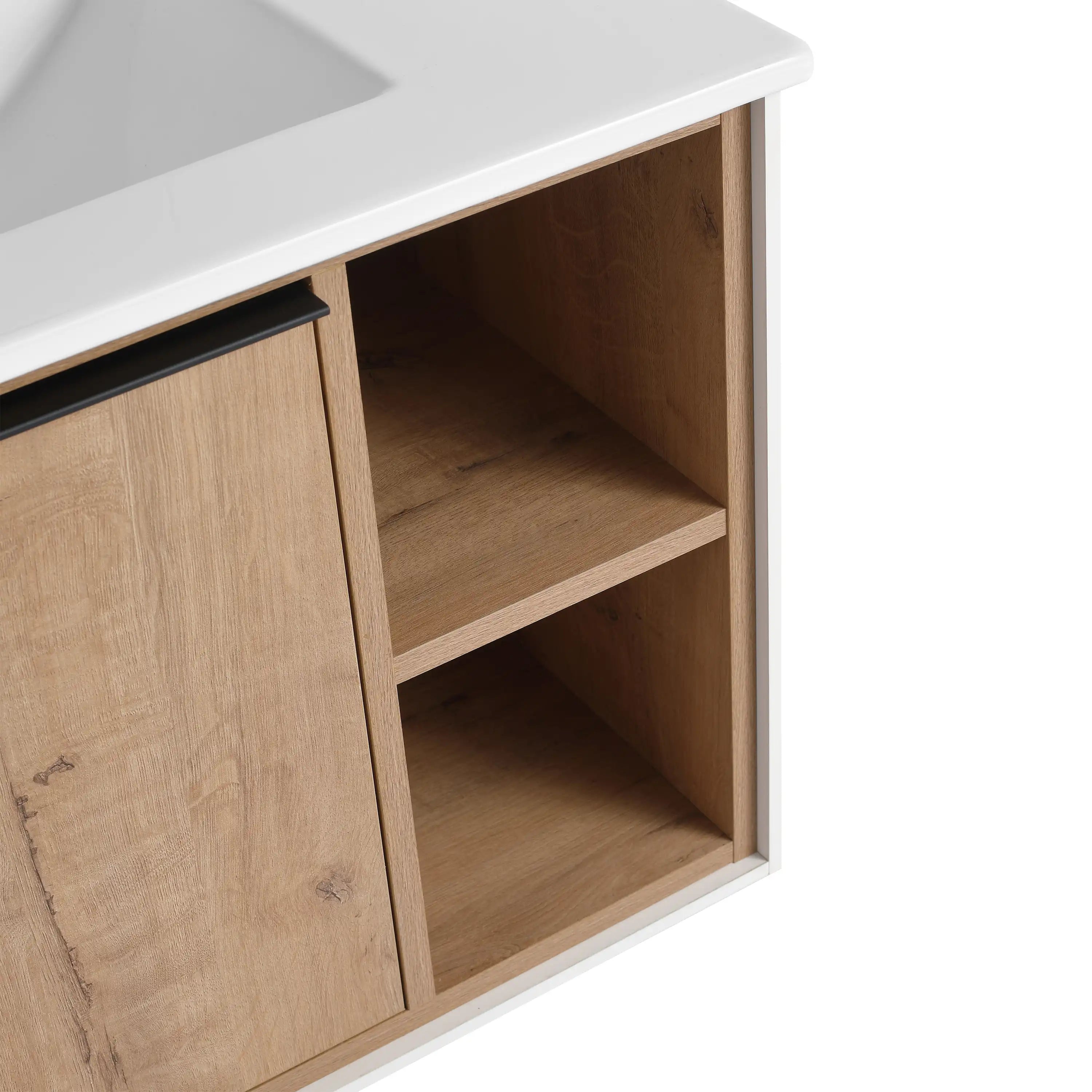 24 / 30 Inch Wood Bathroom Vanity with Integrated Sink, Wall-Mount, Open Storage Shelves