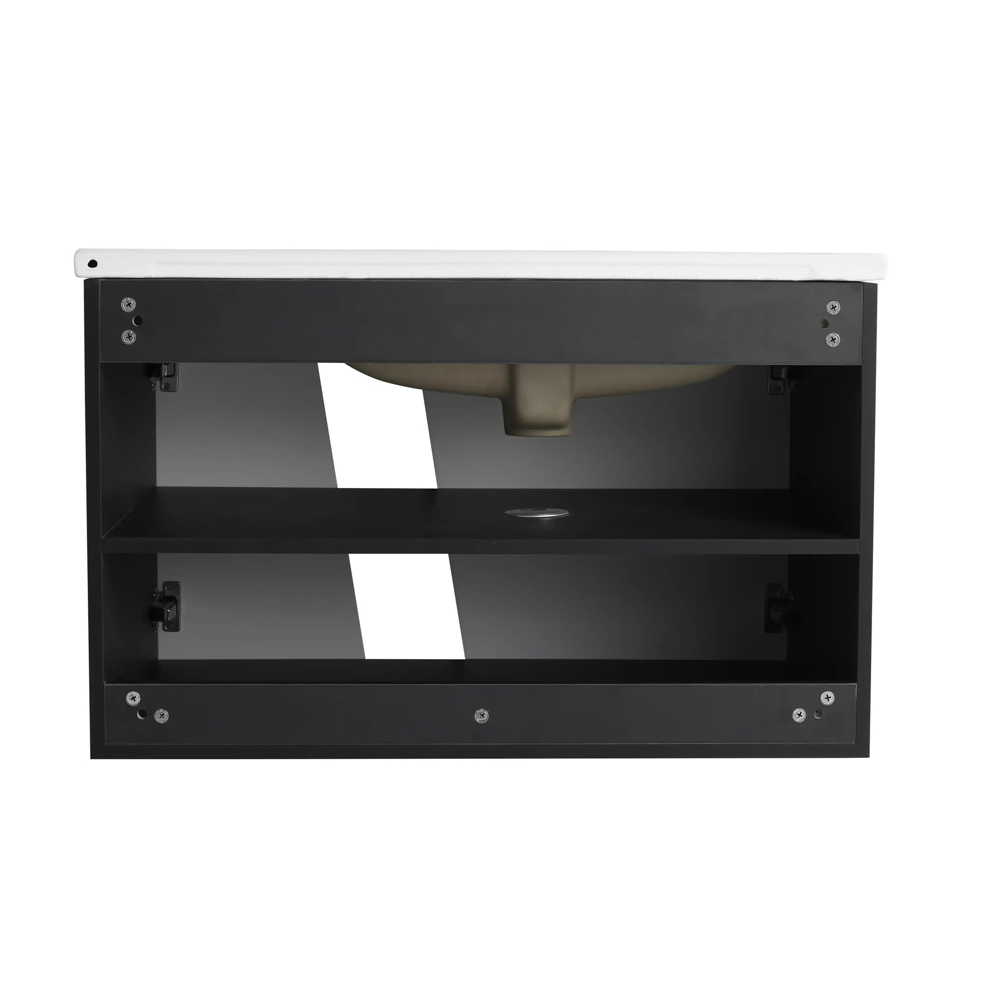 32" wide bathroom vanity back interior view with storage shelf | Ace Decor