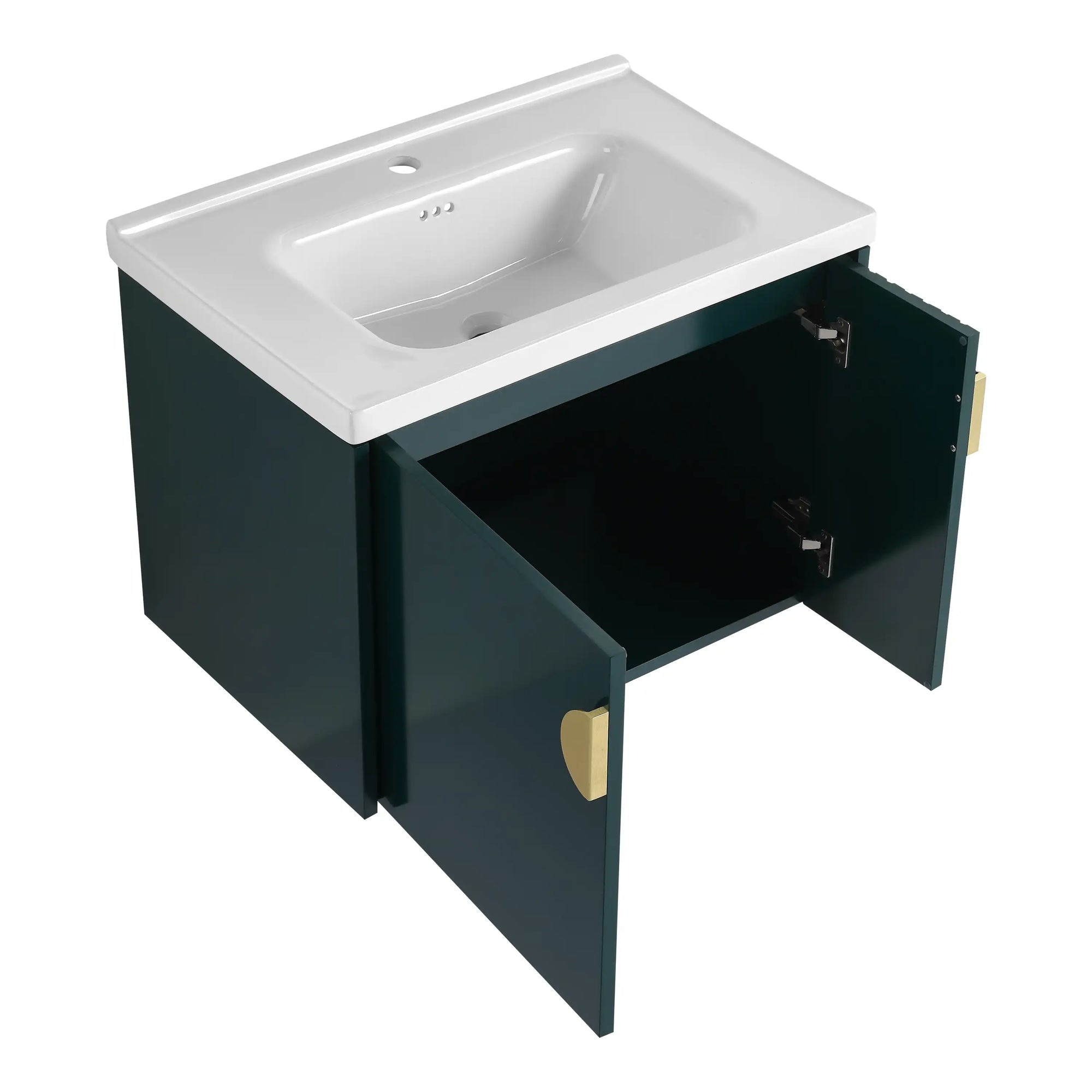 28 inch floating vanity small bathroom with ceramic sink and open door storage view | Ace Decor