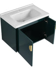 28 inch floating vanity small bathroom with ceramic sink and open door storage view | Ace Decor