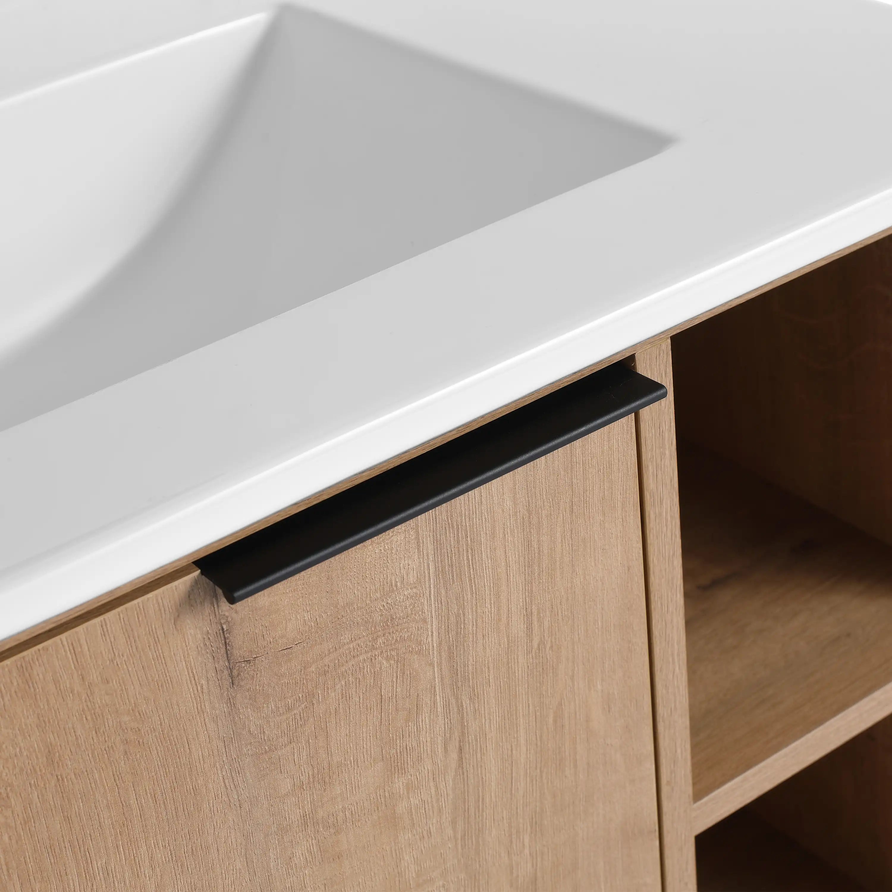 24 / 30 Inch Wood Bathroom Vanity with Integrated Sink, Wall-Mount, Open Storage Shelves