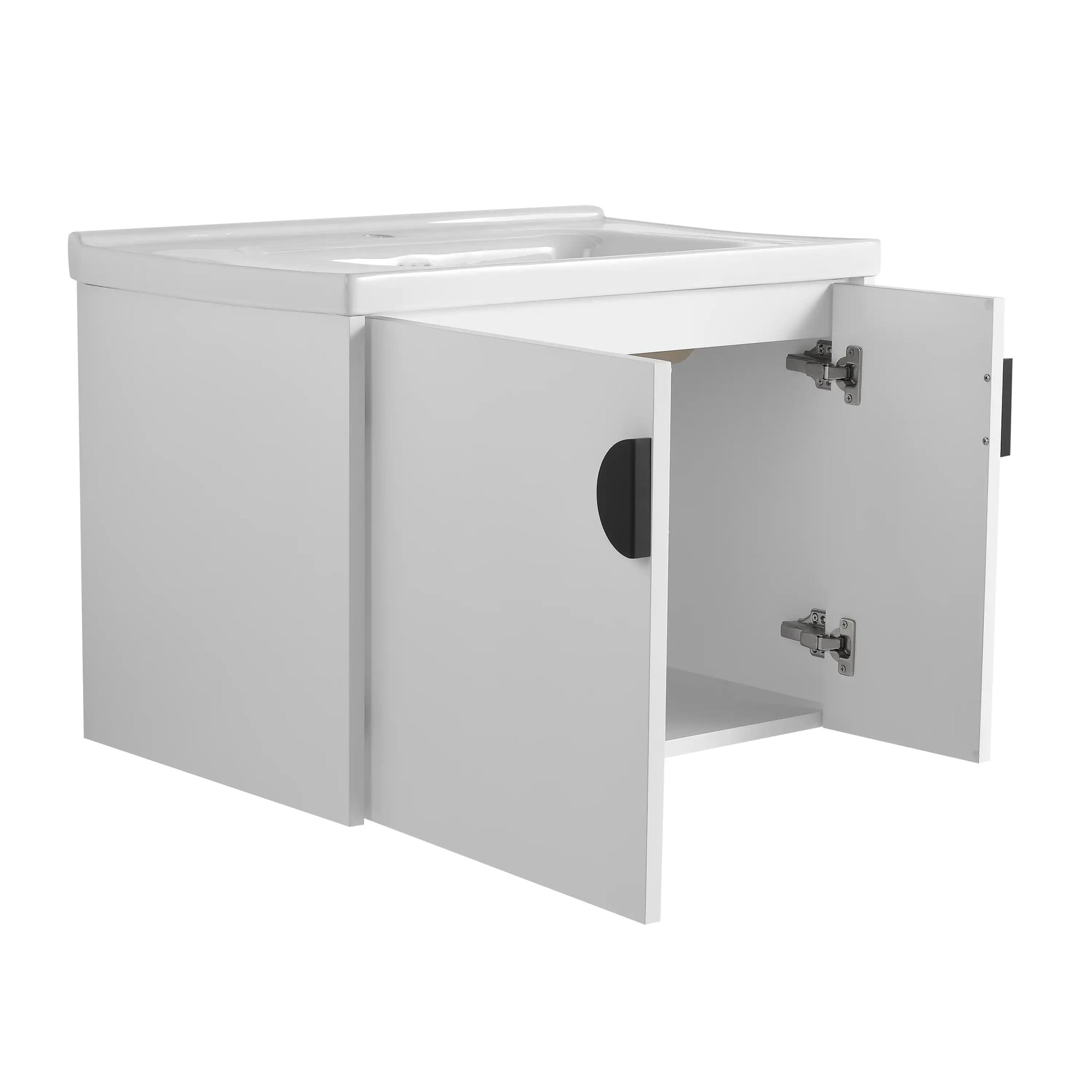 Single floating vanity 28 inch with soft-close door and open interior storage space | Ace Decor
