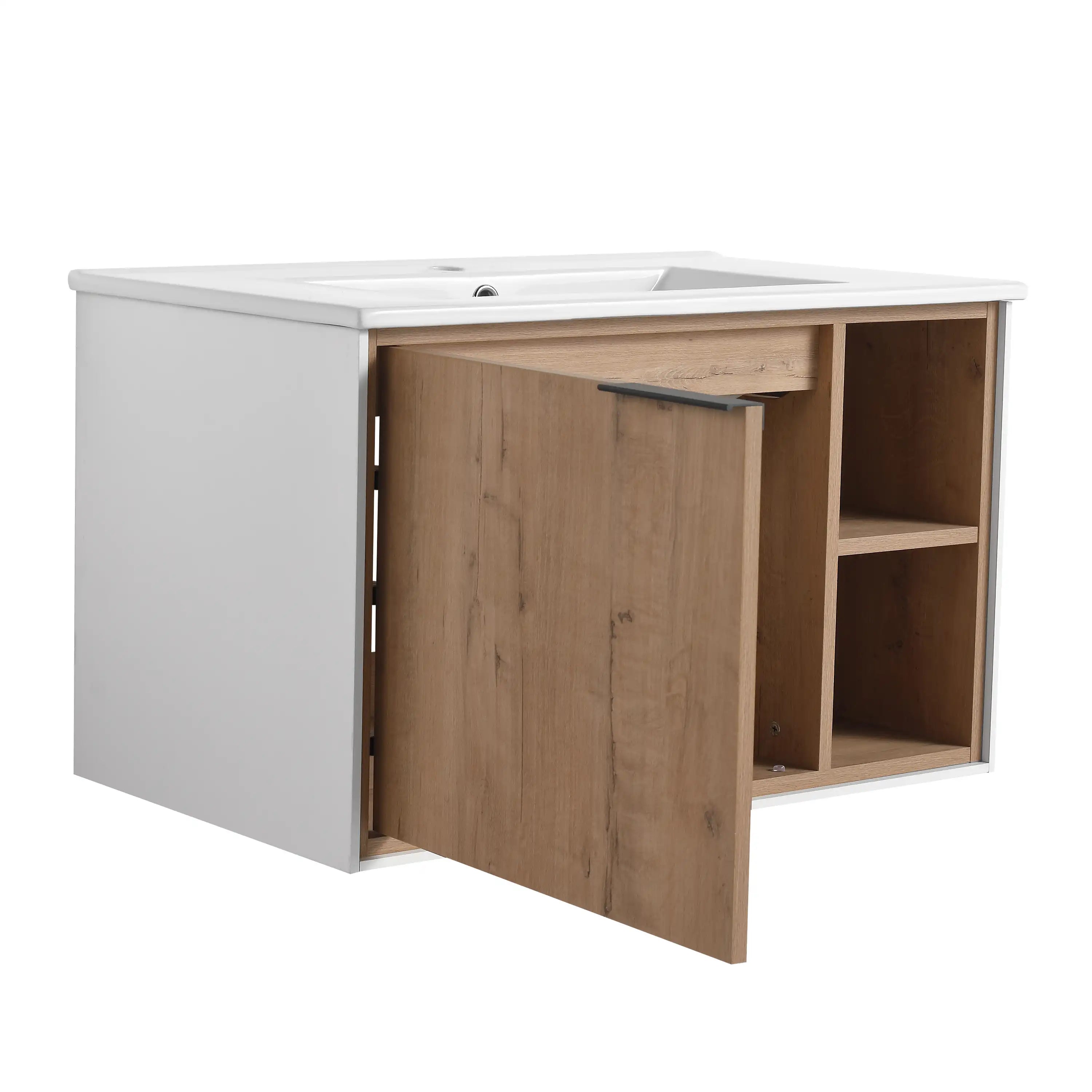 24 / 30 Inch Wood Bathroom Vanity with Integrated Sink, Wall-Mount, Open Storage Shelves