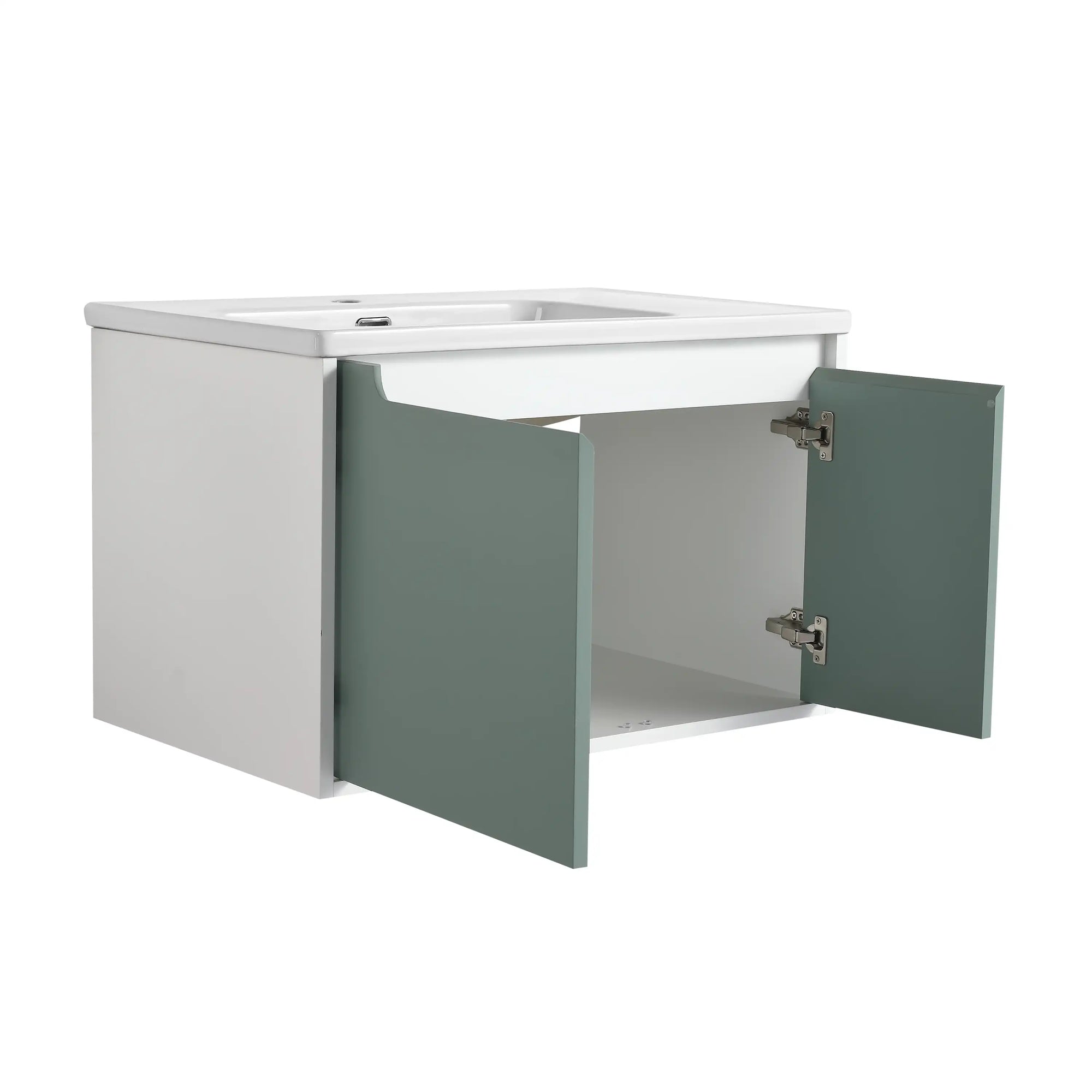 Open storage view of mint green 36 bathroom vanity sink | Ace Decor