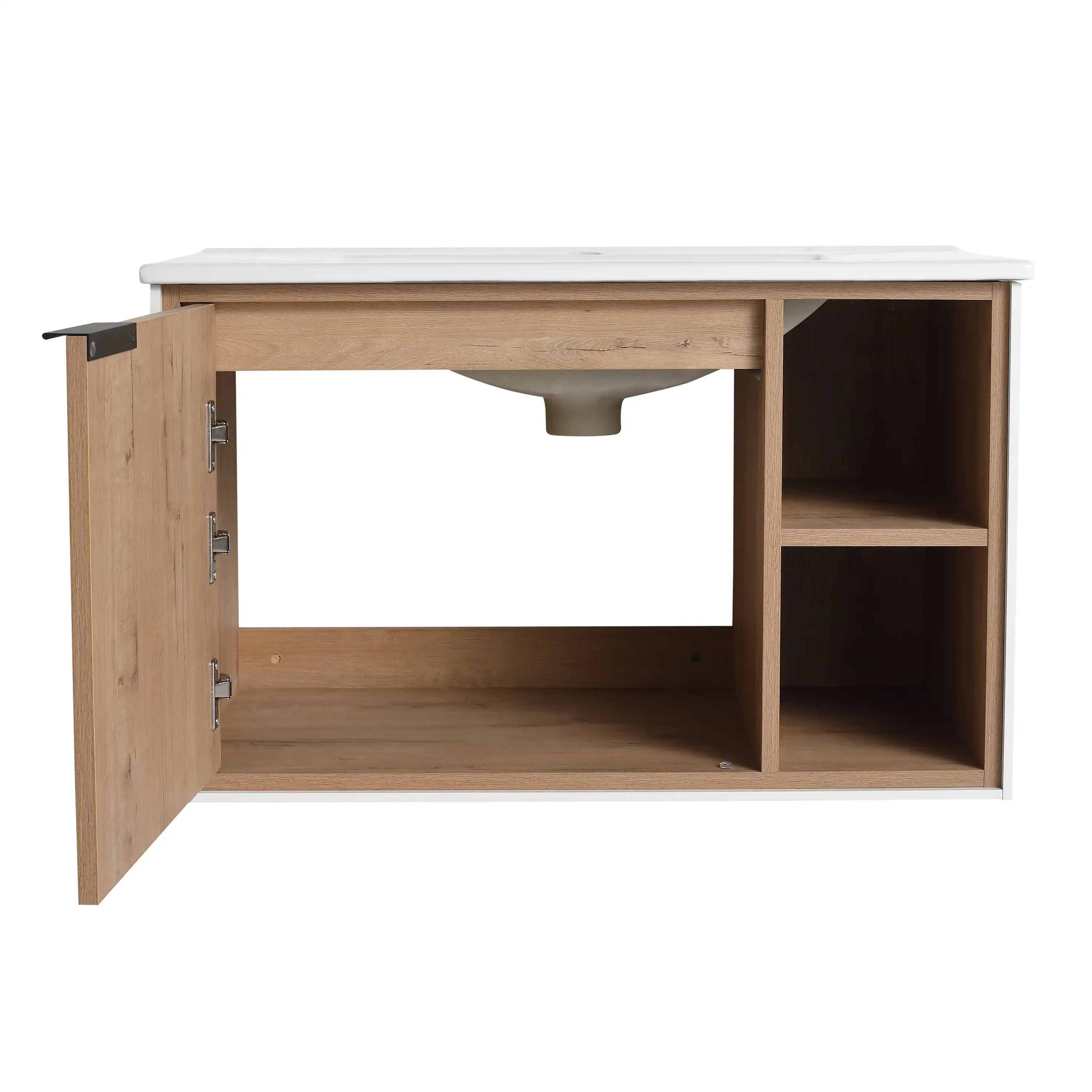 24 / 30 Inch Wood Bathroom Vanity with Integrated Sink, Wall-Mount, Open Storage Shelves