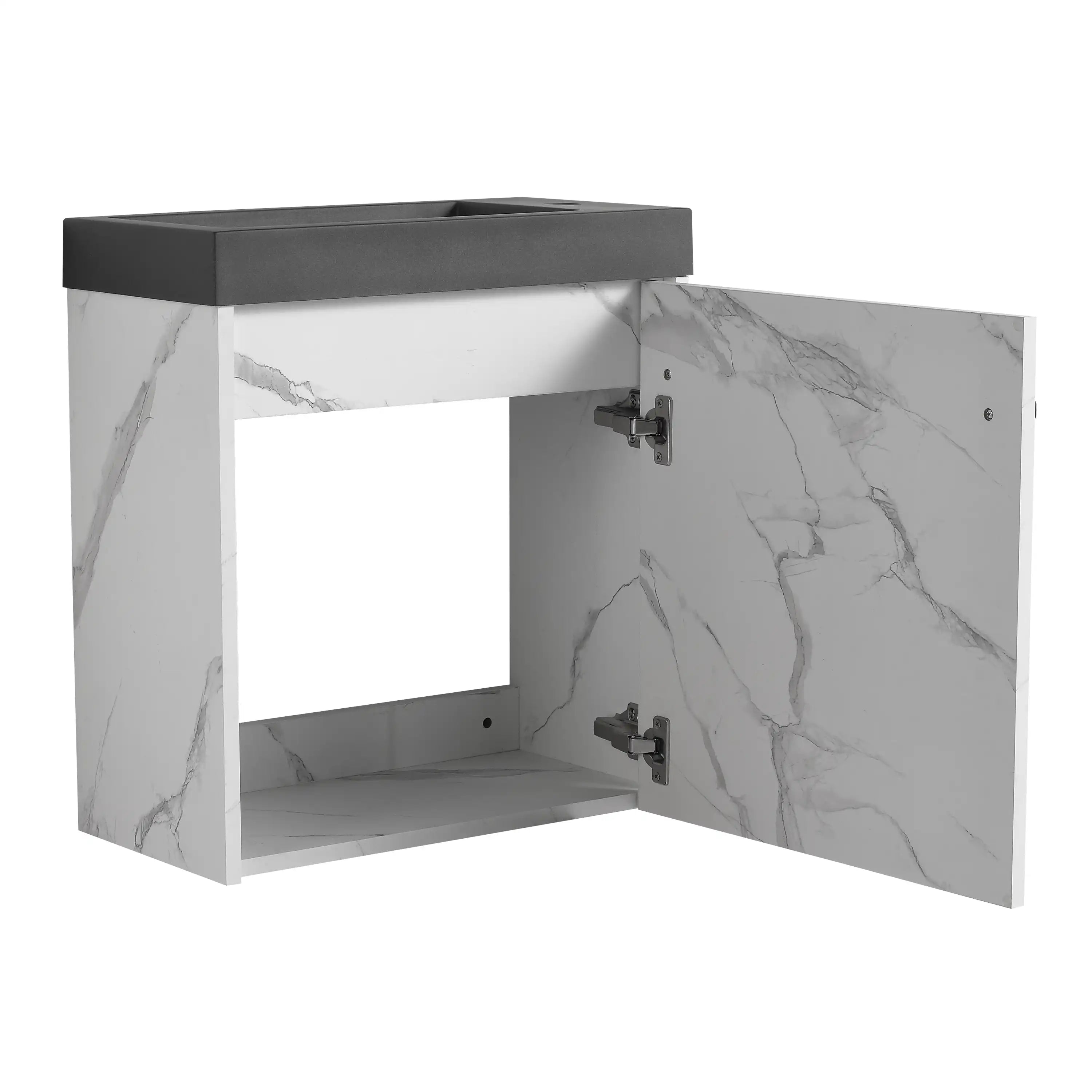 ArborEdge floating bathroom vanity with matte black resin sink and open cabinet storage.