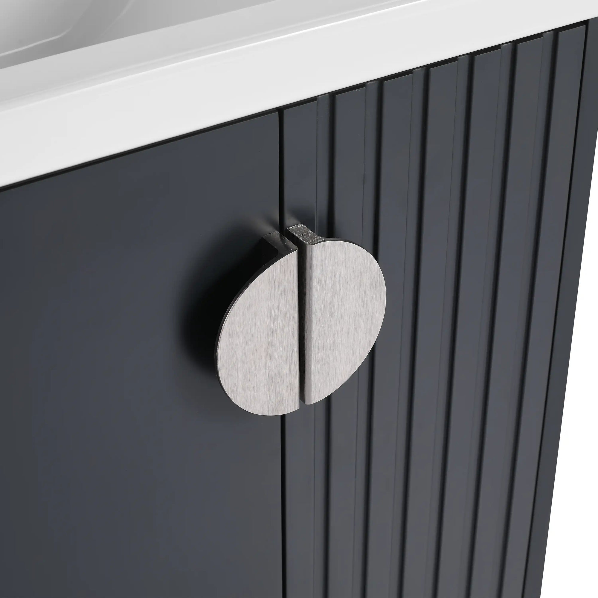 Close-up of fluted door and metal handle on 24 inch bathroom black vanity | Ace Decor