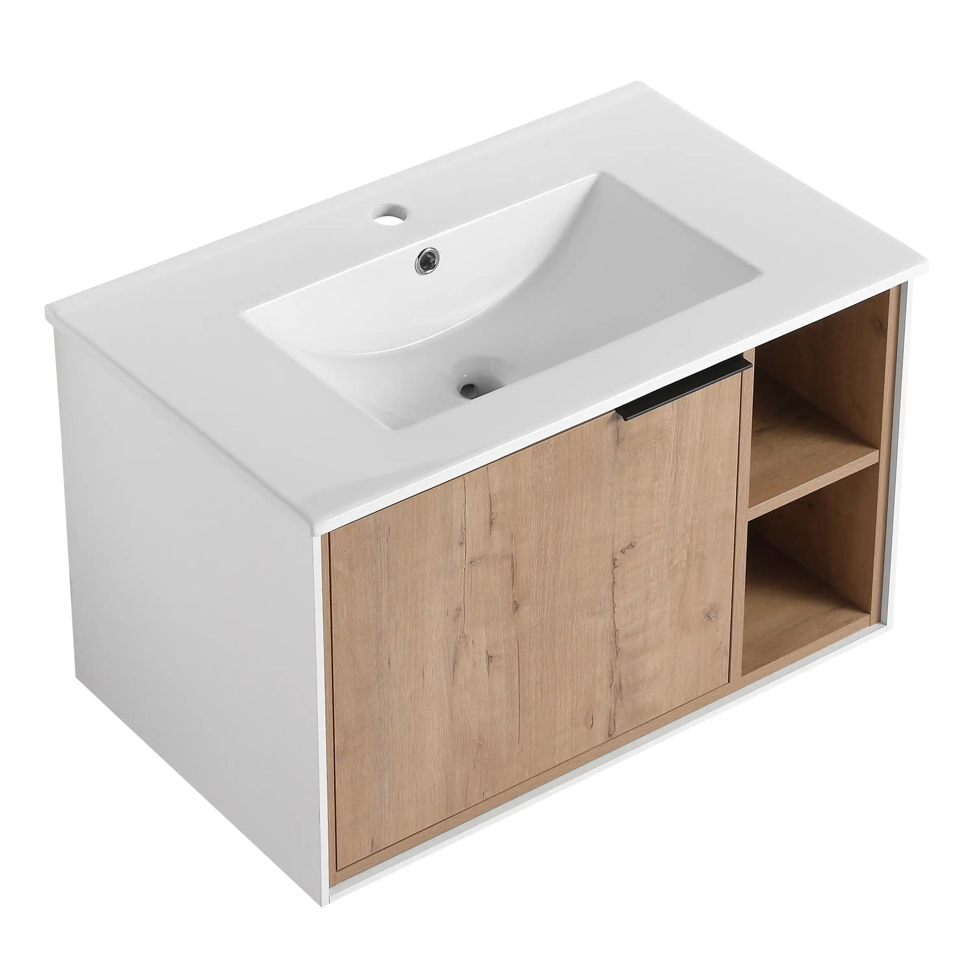 30" wood bathroom vanity with sink top view showing integrated ceramic basin and natural wood cabinet | Ace Decor