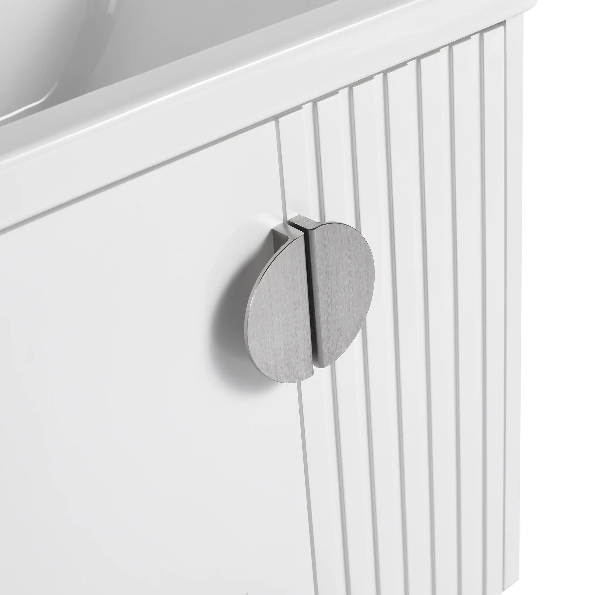 Brushed nickel handle detail on floating bathroom vanity 24 inch | Ace Decor