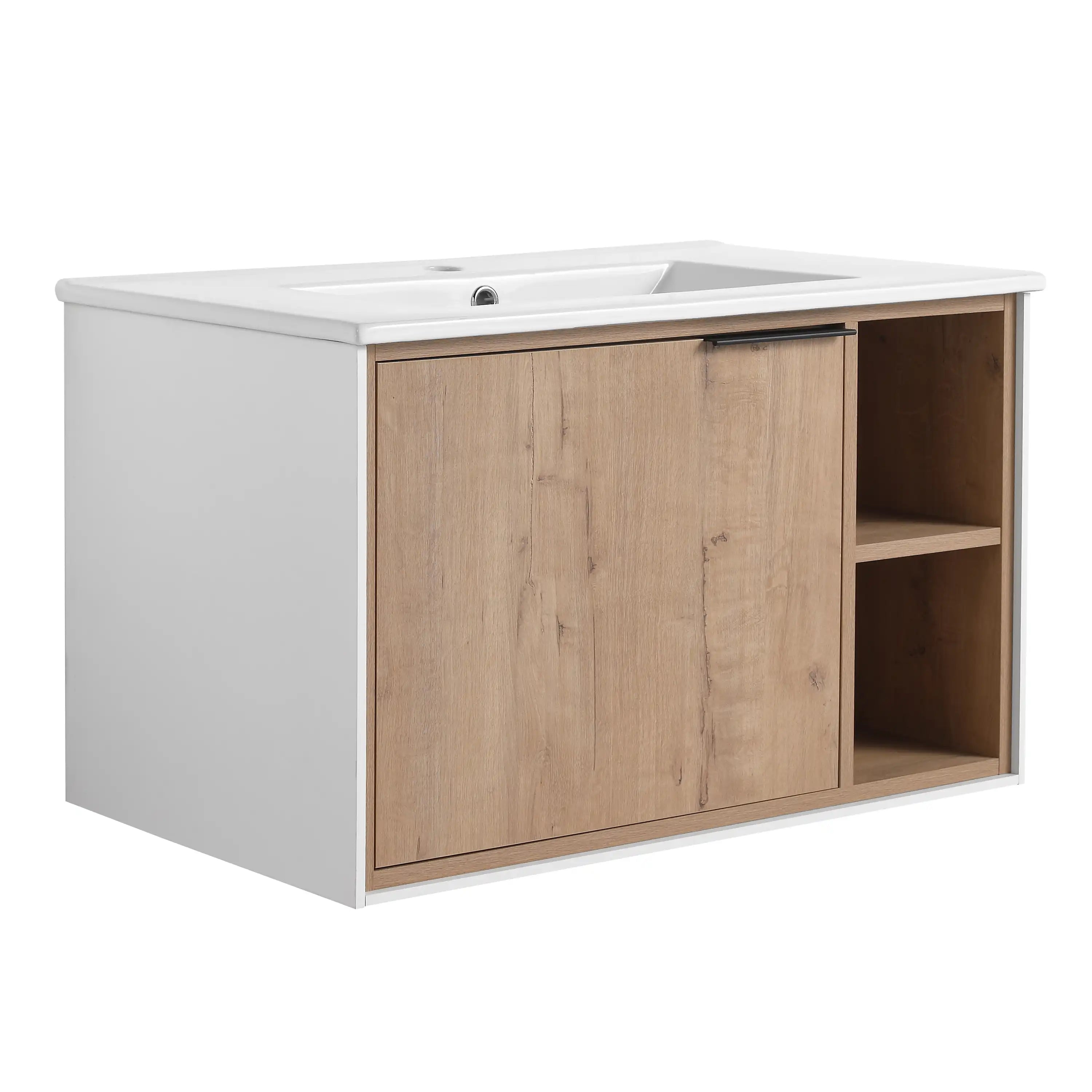 24 / 30 Inch Wood Bathroom Vanity with Integrated Sink, Wall-Mount, Open Storage Shelves