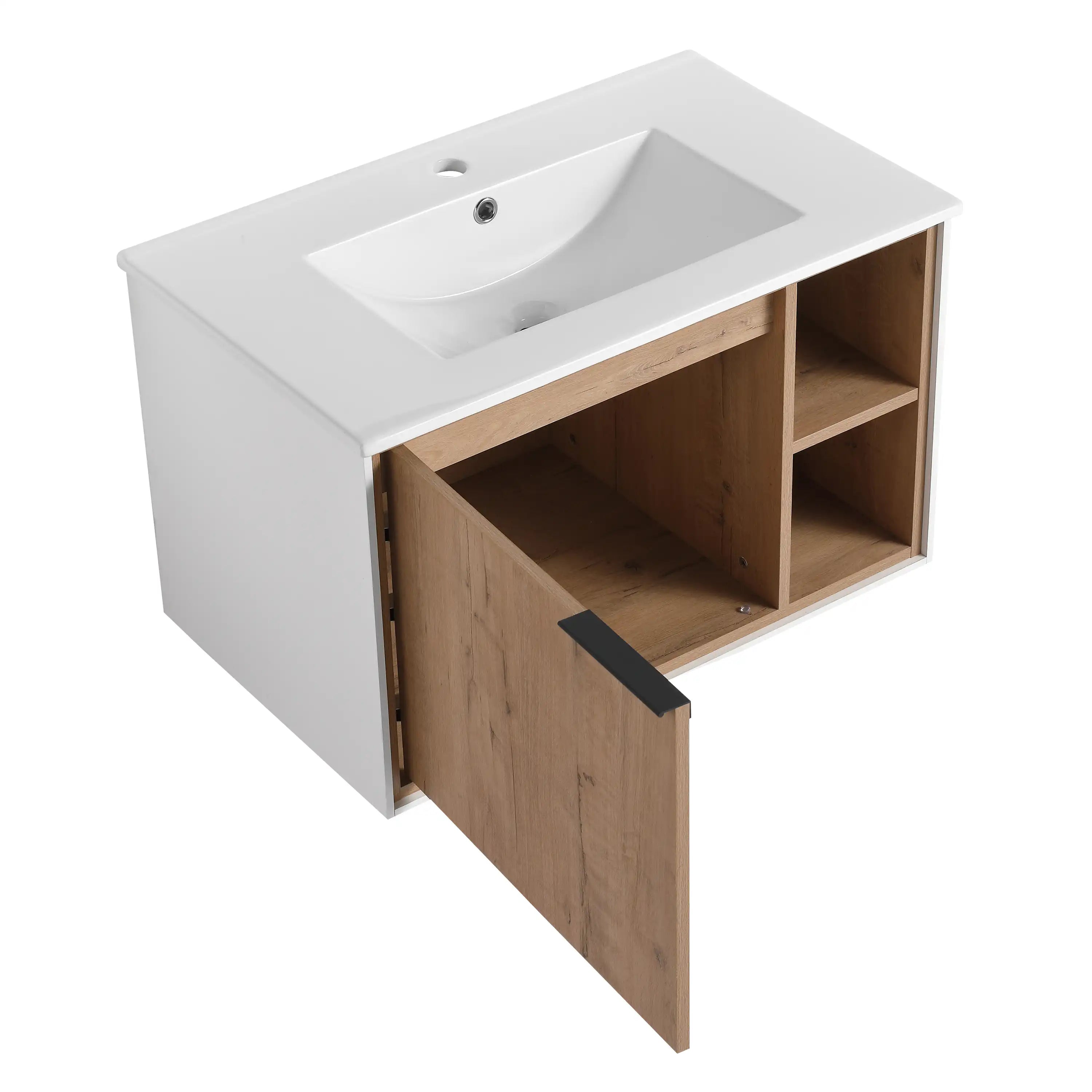 24 / 30 Inch Wood Bathroom Vanity with Integrated Sink, Wall-Mount, Open Storage Shelves