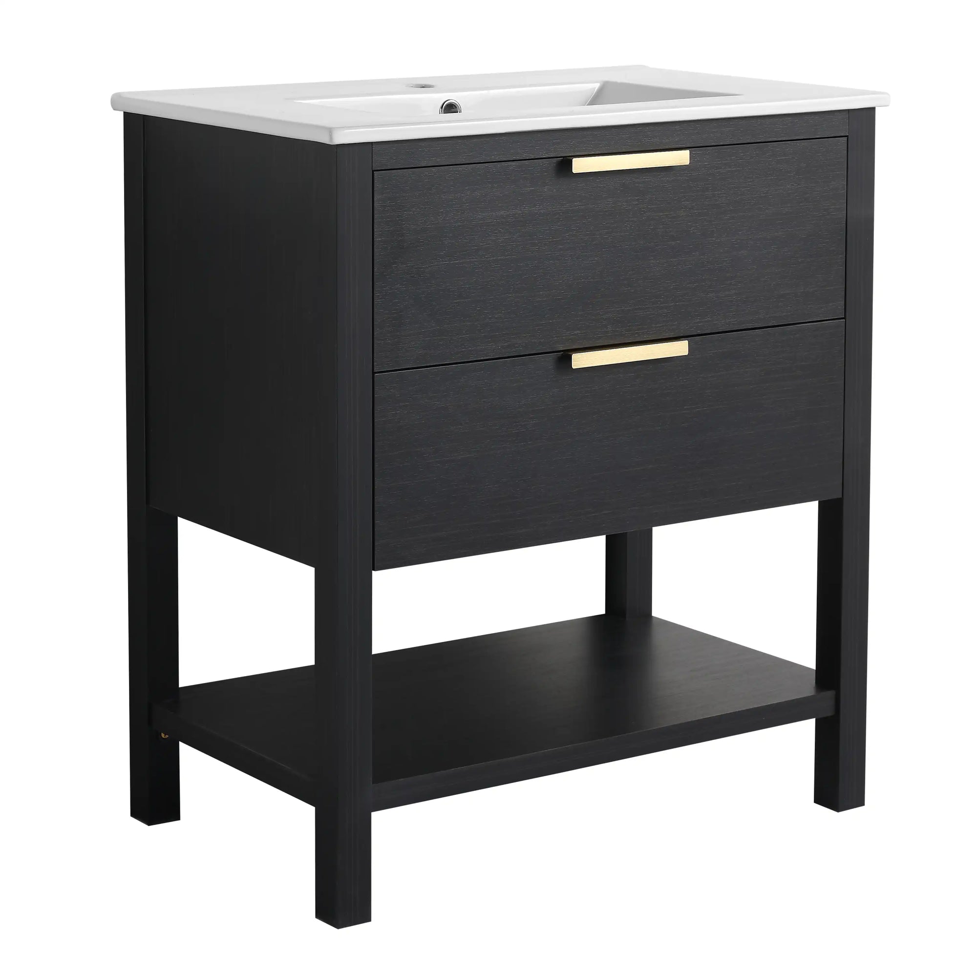 30" black vanity bathroom freestanding cabinet with white sink and sturdy leg base | Ace Decor