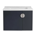 28 inch floating bathroom sink vanity with fluted cabinet front and integrated ceramic sink, front view | Ace Decor