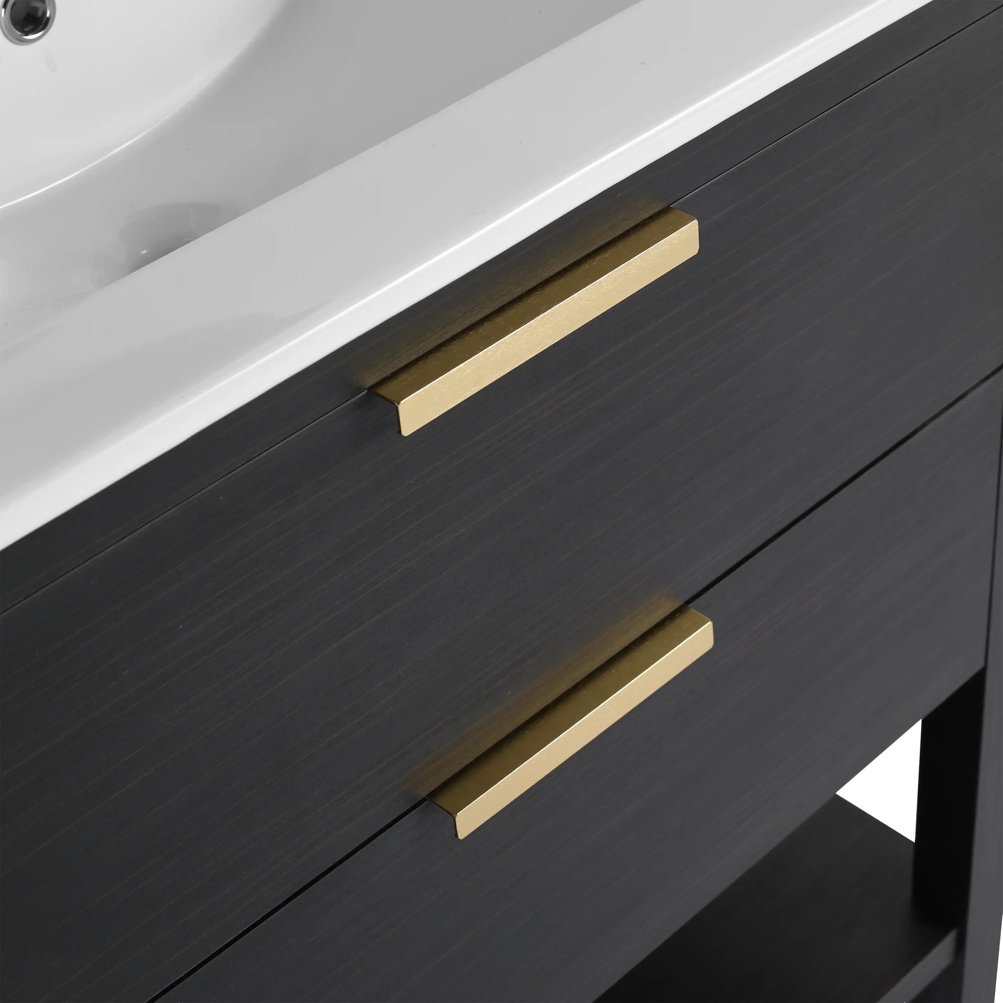 30" black vanity bathroom with gold metal drawer handles and white integrated sink | Ace Decor