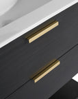 30" black vanity bathroom with gold metal drawer handles and white integrated sink | Ace Decor