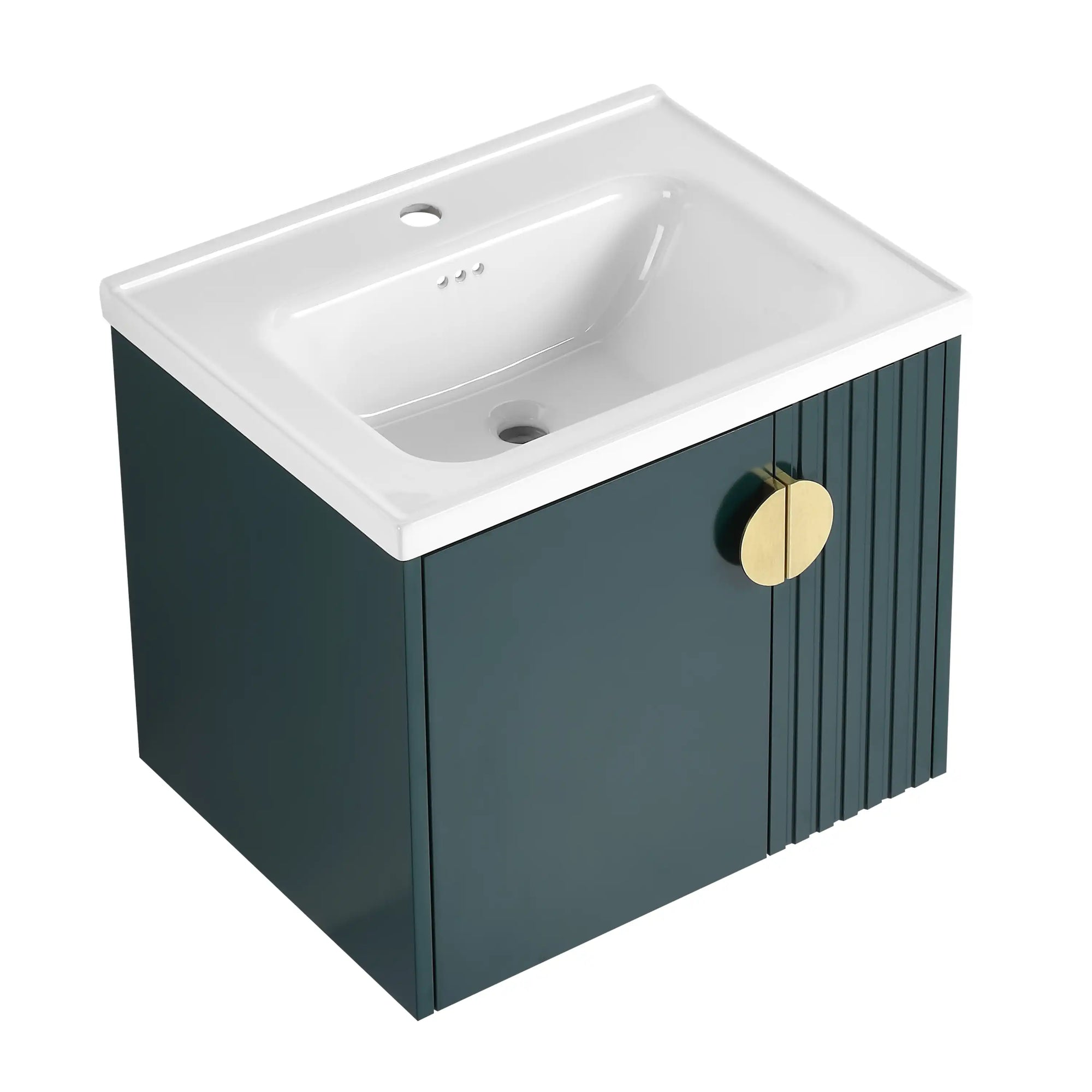 Green bathroom vanity with sink, 24 inch floating vanity showing angled view and fluted door detail for small bathrooms | Ace Decor