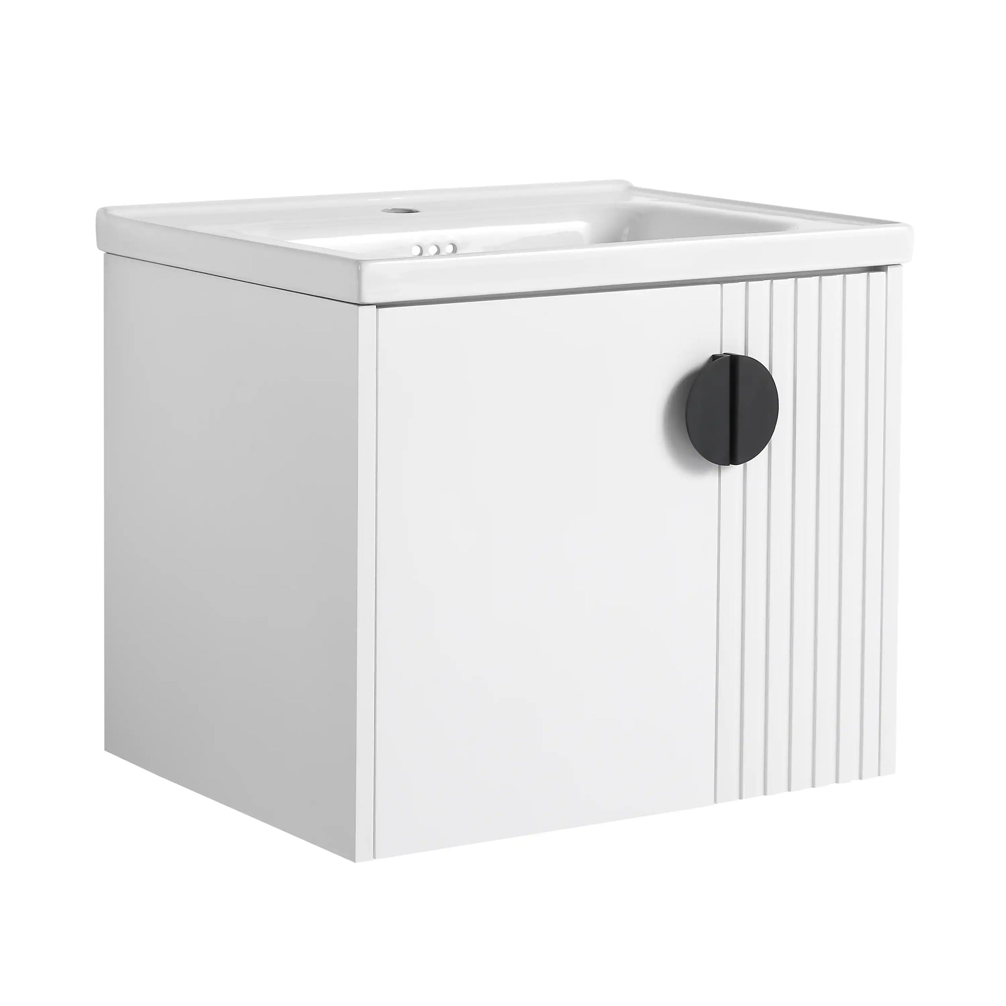 Angled side view of white floating bathroom vanity 24 inch with fluted front | Ace Decor