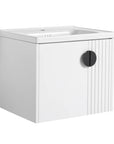 Angled side view of white floating bathroom vanity 24 inch with fluted front | Ace Decor