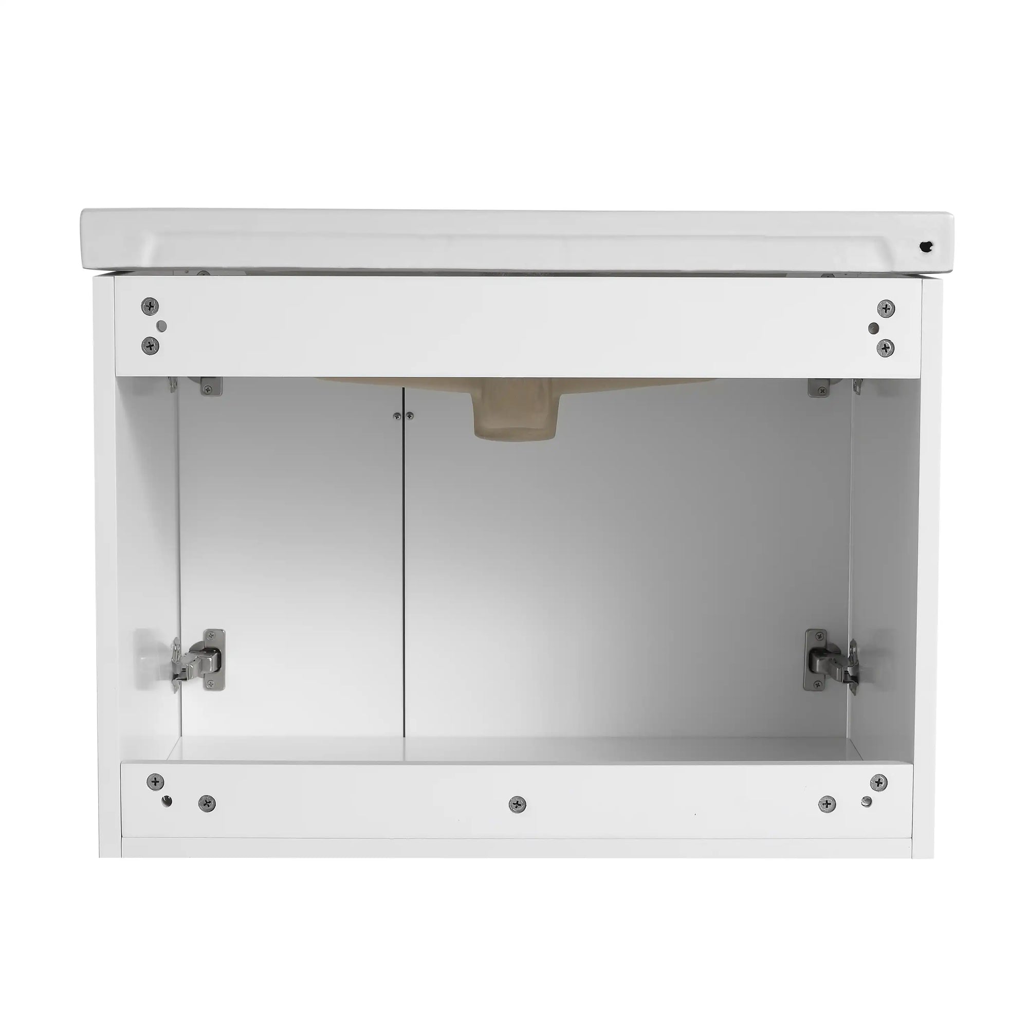 Interior storage view of 28 inch single floating vanity showing open cabinet space and wall-mounted structure | Ace Decor