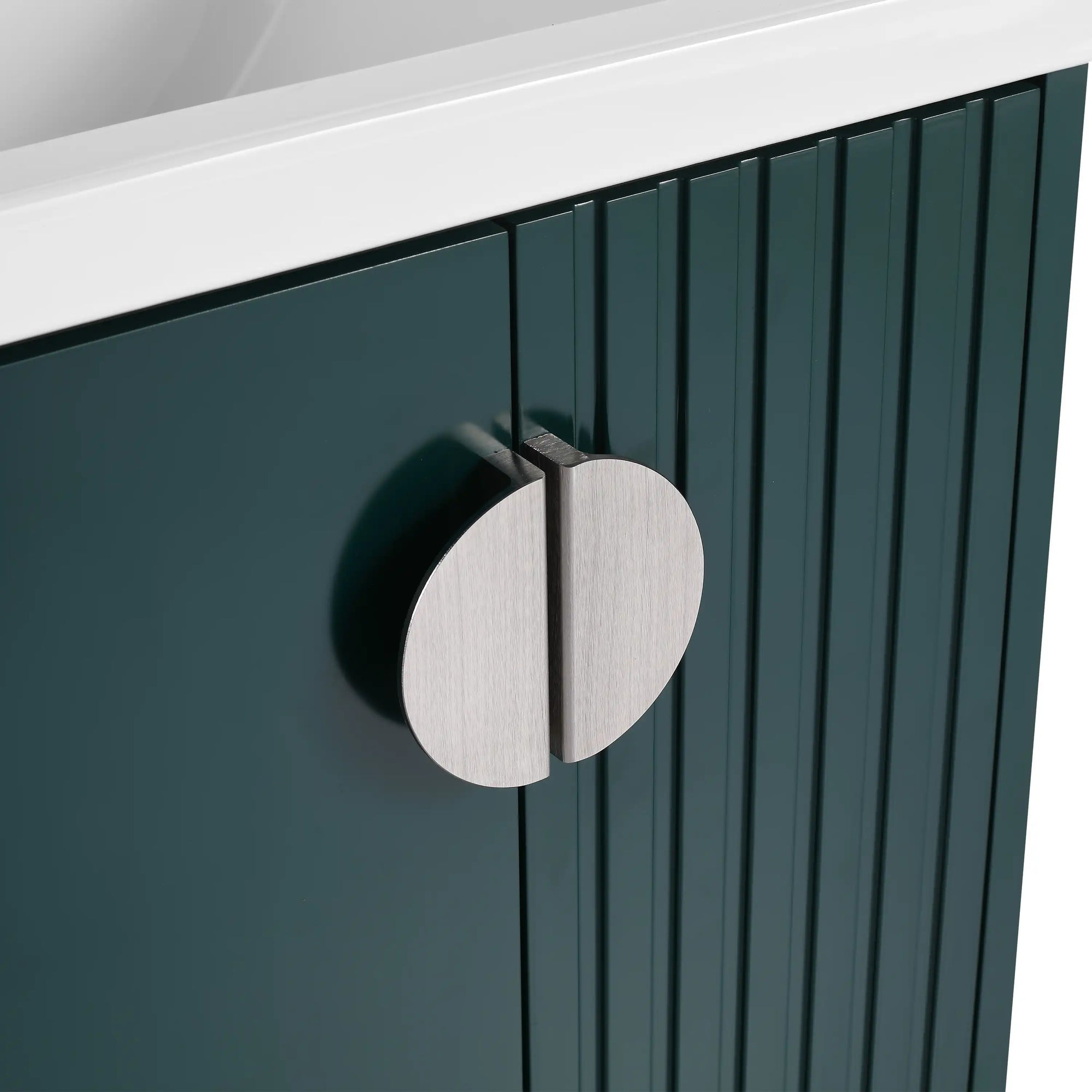 28 inch floating vanity small bathroom with silver round handle and fluted cabinet front | Ace Decor