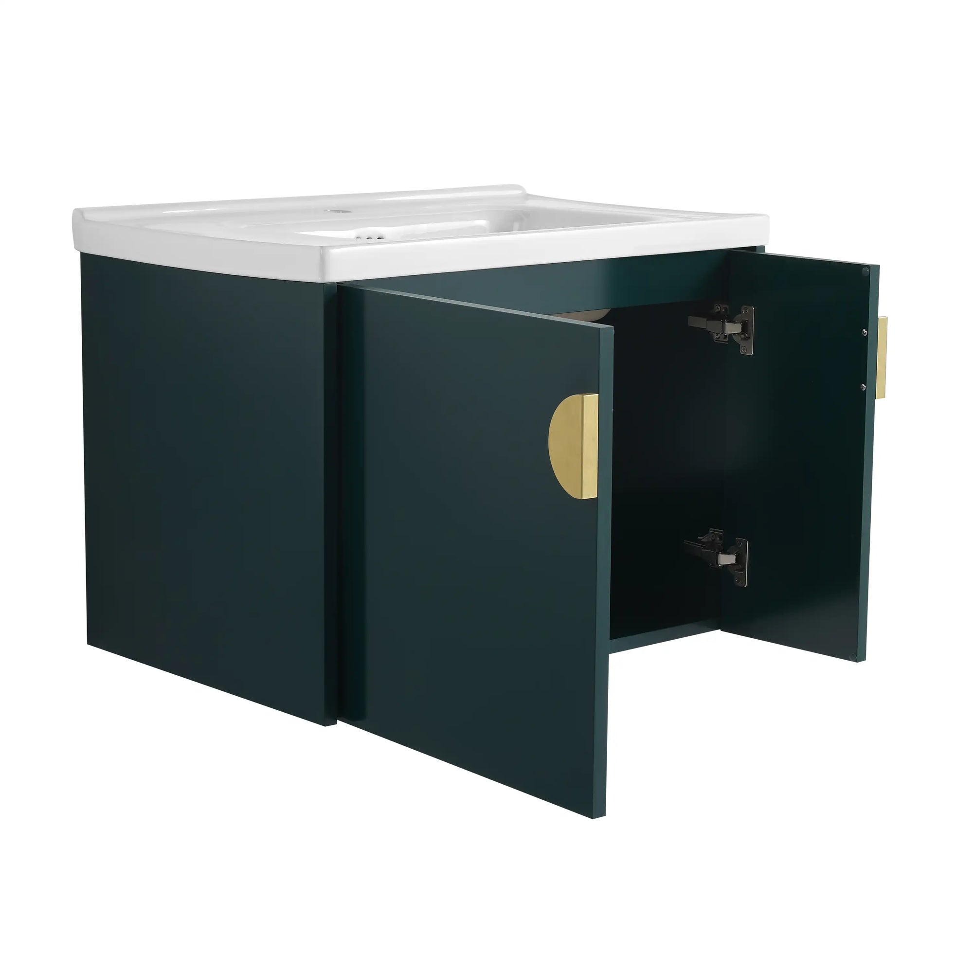 28 inch floating vanity small bathroom showing interior storage with soft-close doors | Ace Decor