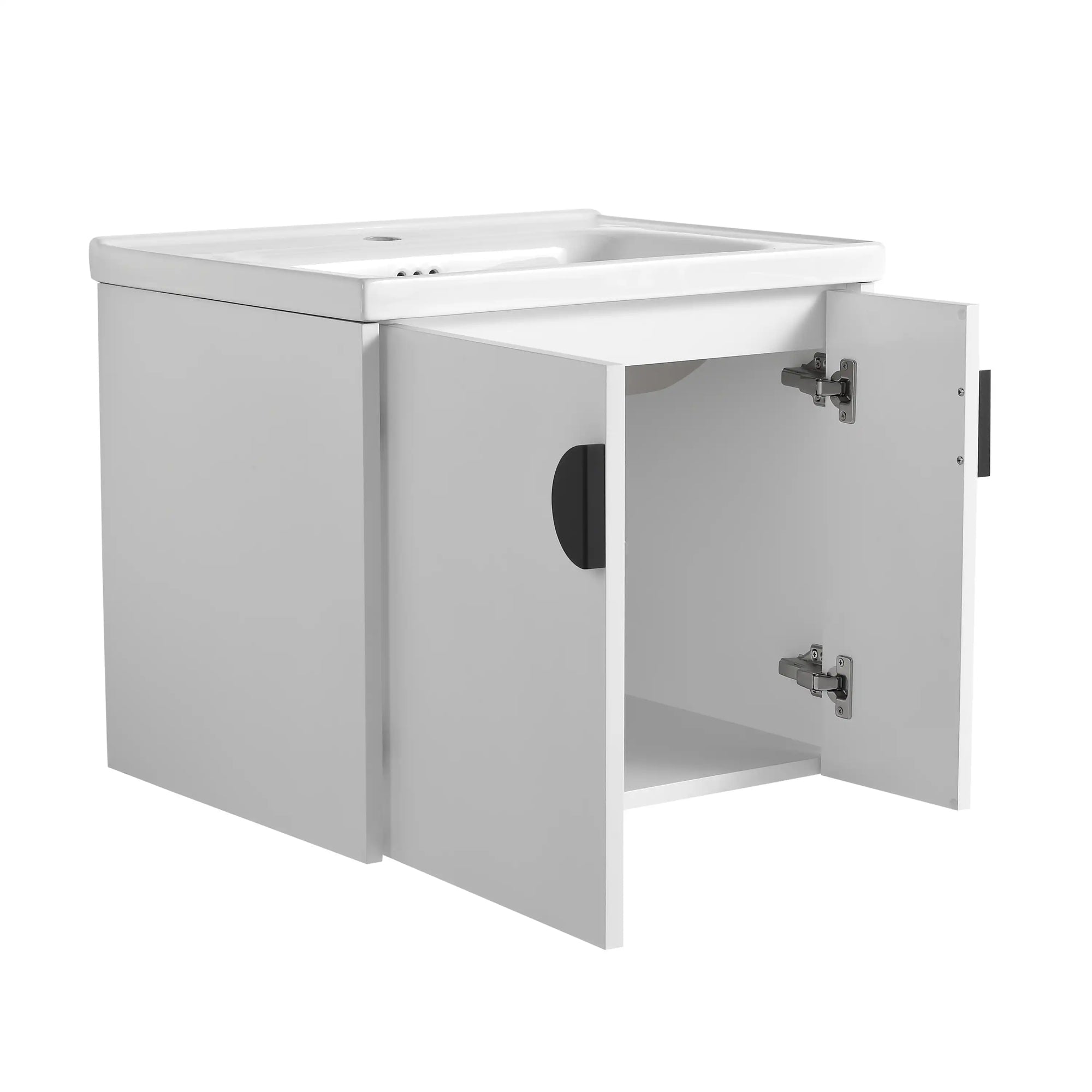 Open side view of floating bathroom vanity 24 inch with interior storage | Ace Decor