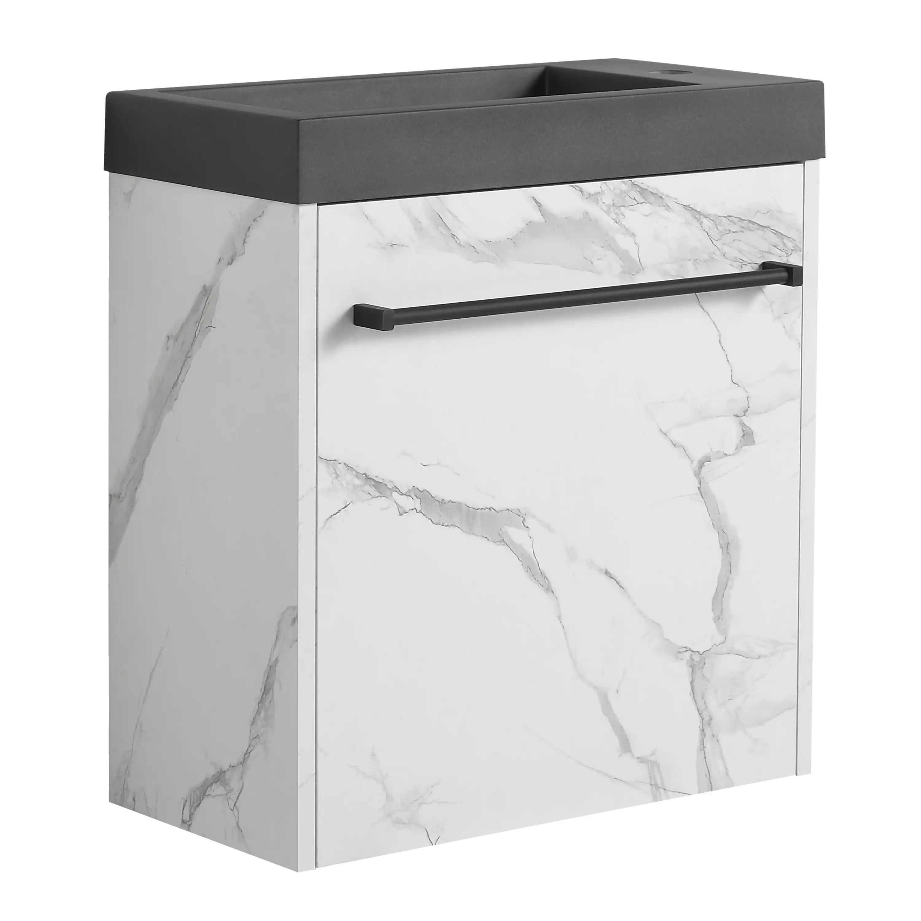 ArborEdge marble contrast floating bathroom vanity with matte black resin sink.