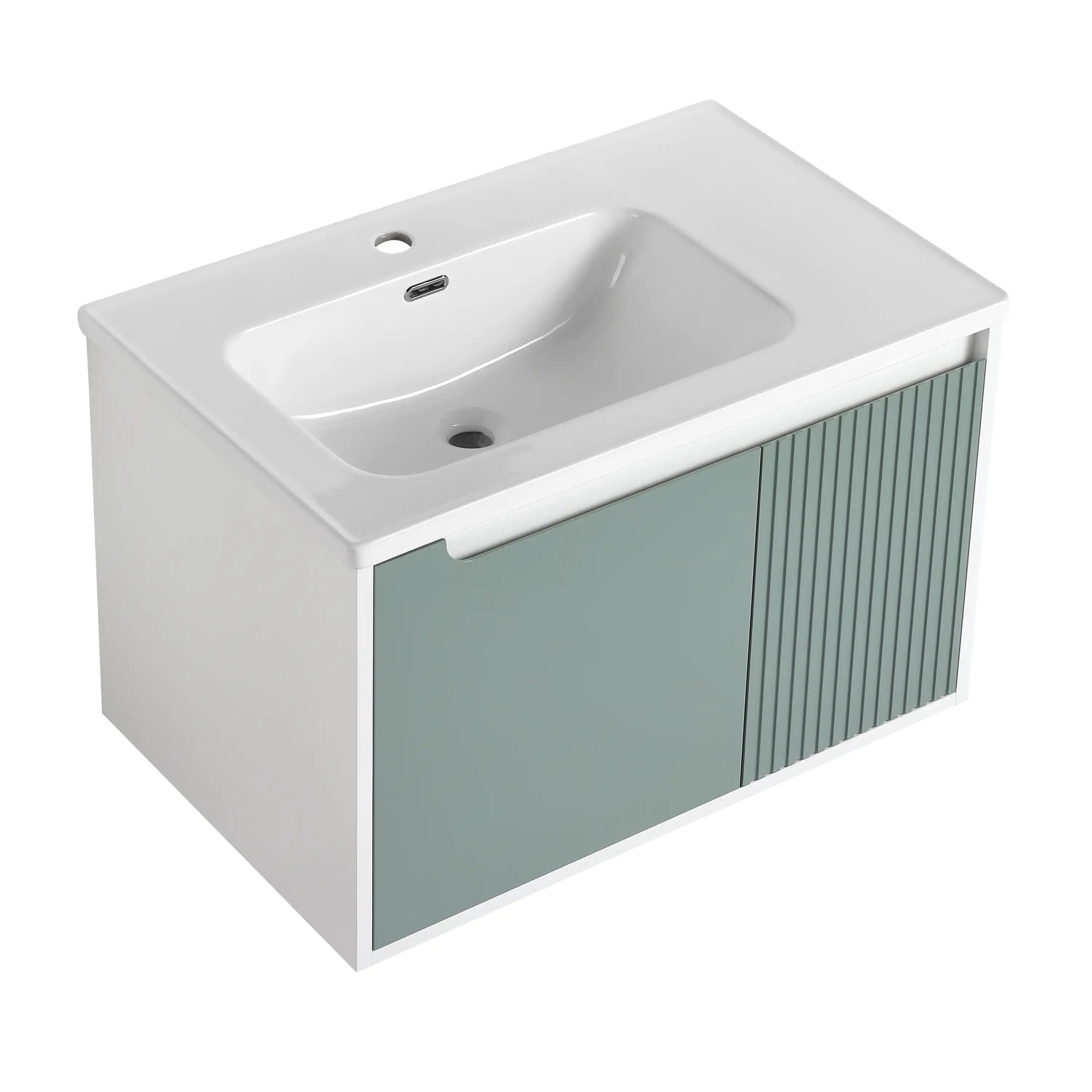 Angled view of mint green 36 bathroom vanity sink with ceramic top | Ace Decor